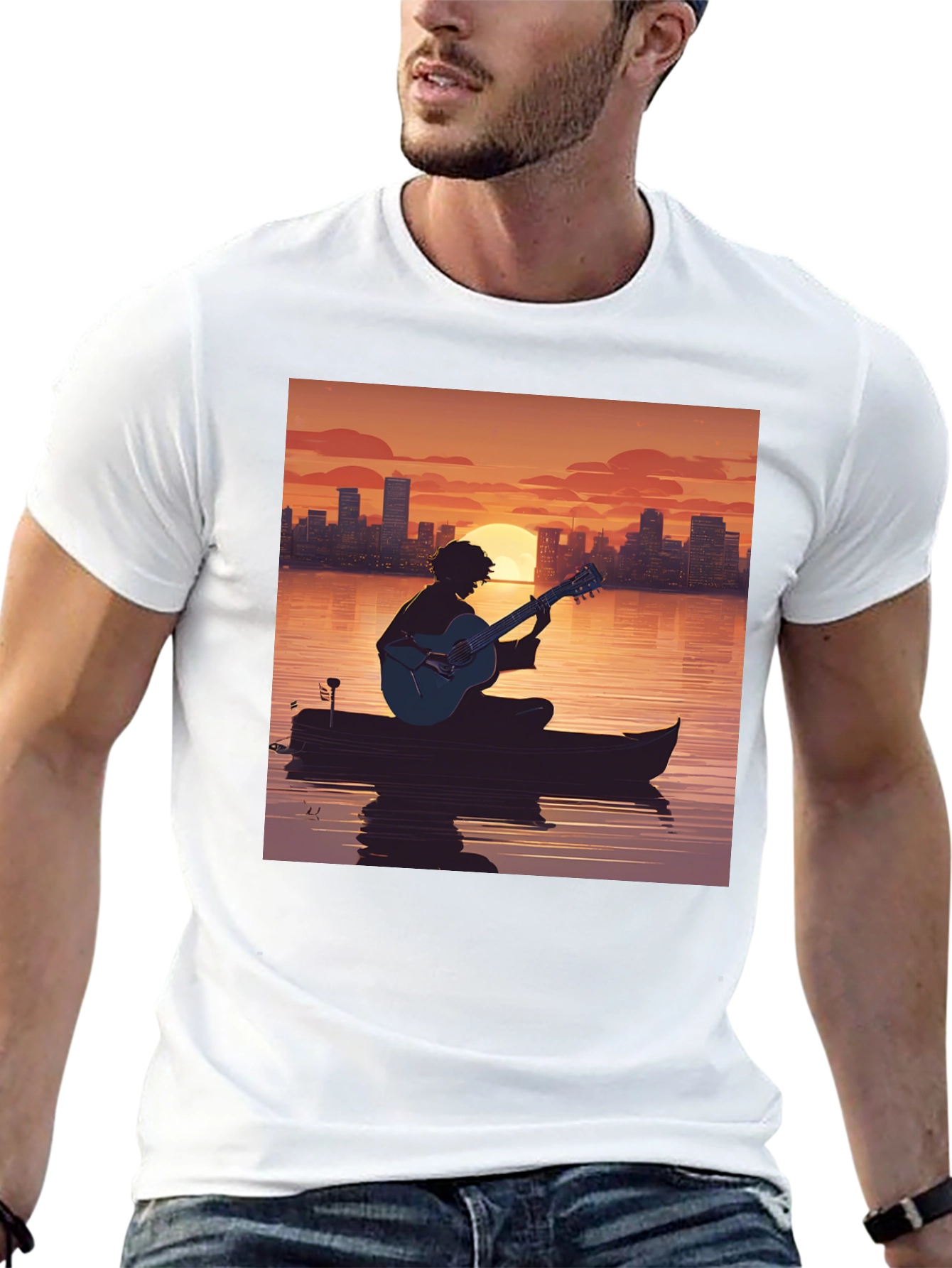 Black Sunset Guitarist T-Shirt - City Skyline Silhouette view 13