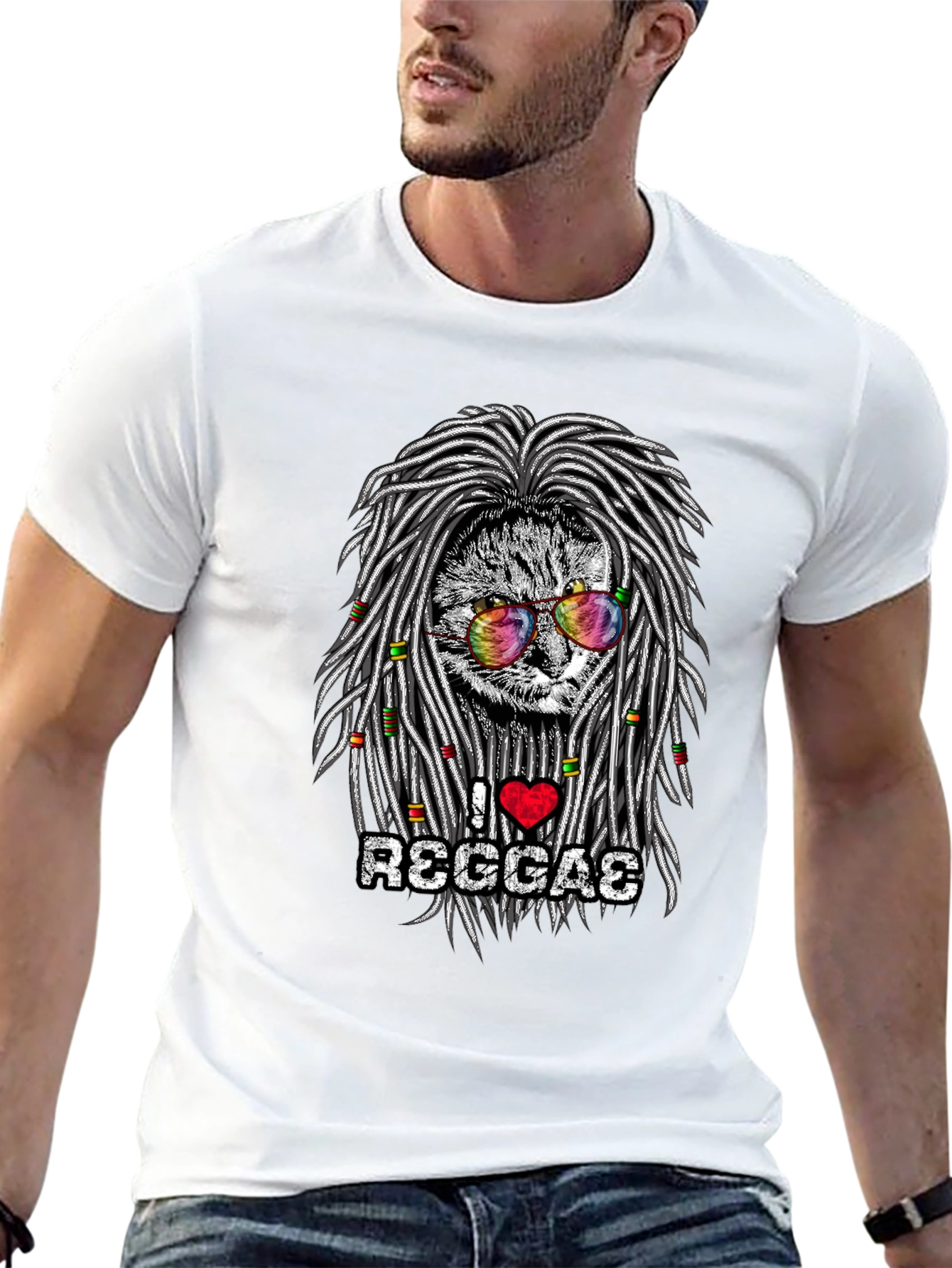 Black I Love Reggae Cat Graphic T-Shirt view 13