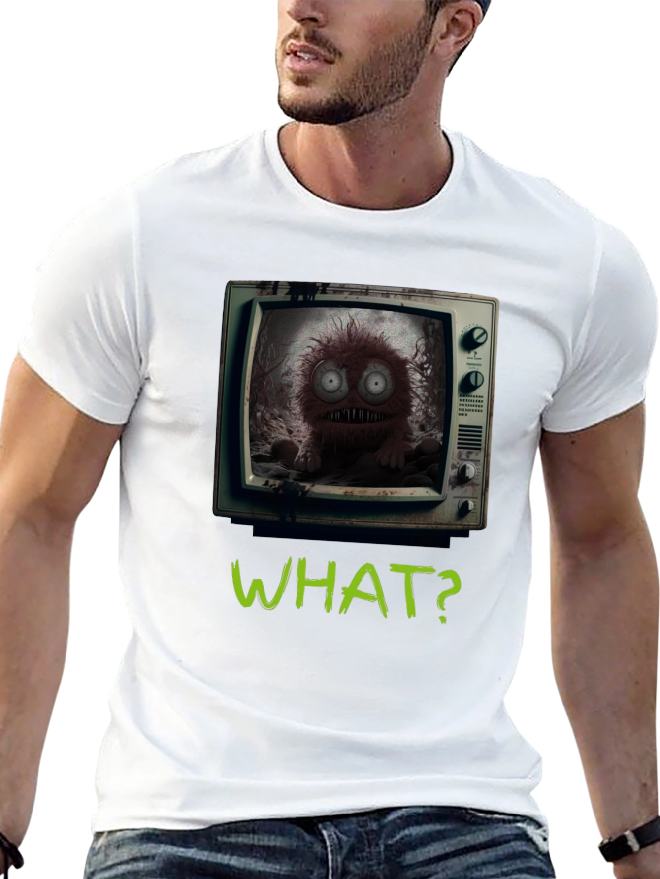 Black What? Monster TV Graphic Tee - Creepy Novelty T-Shirt view 13