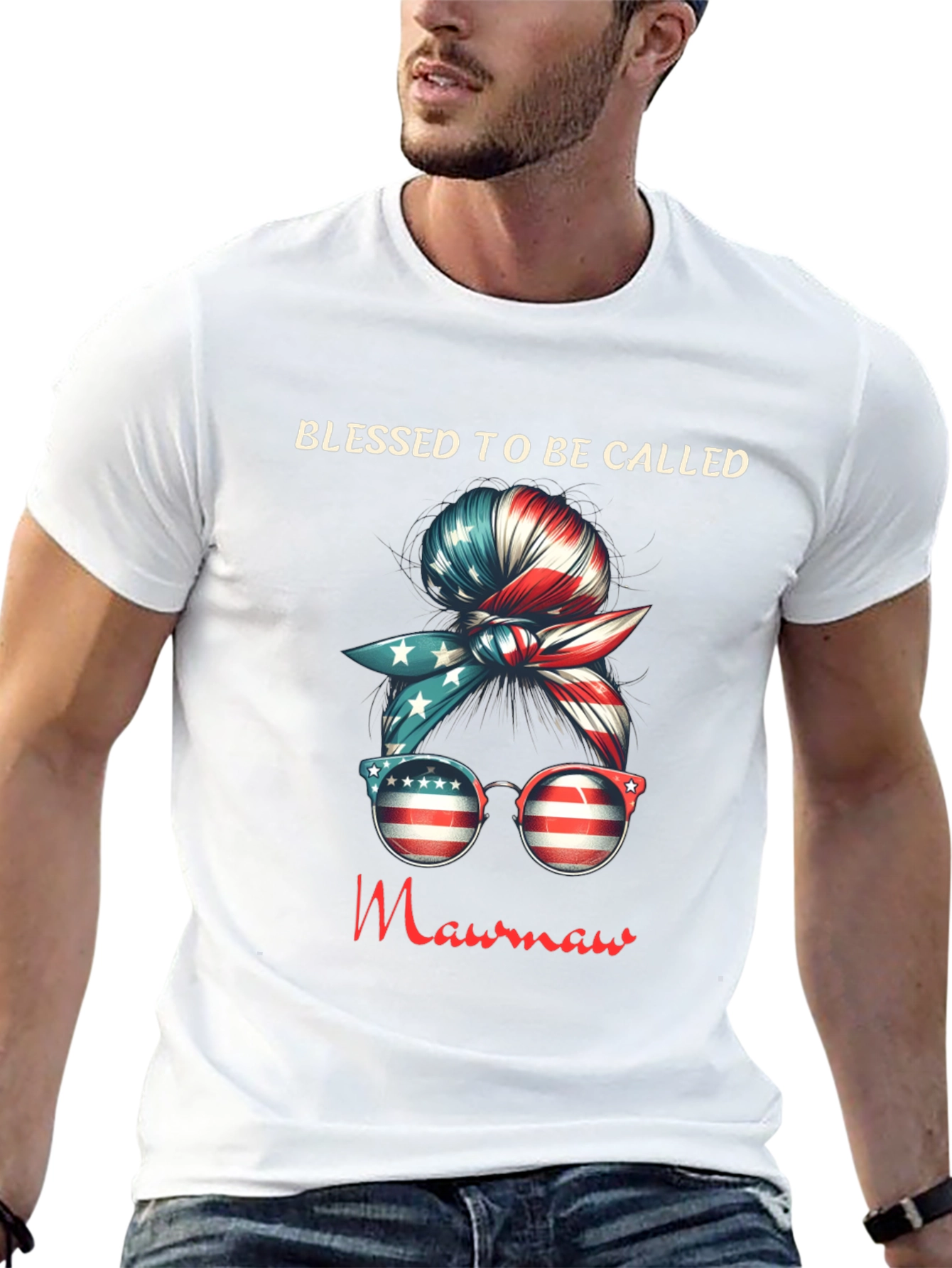 Blessed Mawmaw Patriotic Messy Bun T-Shirt - 13