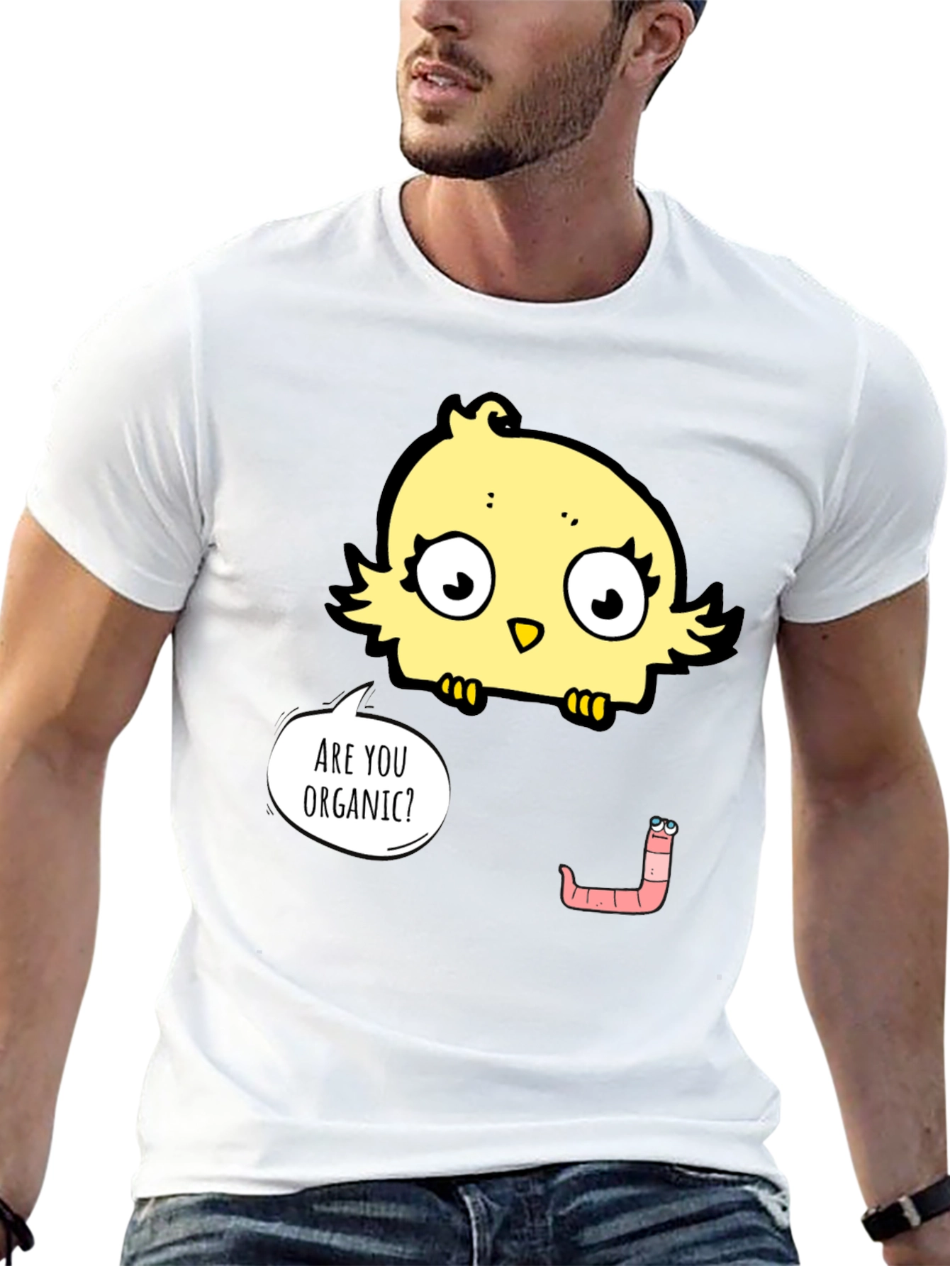 Black Organic Humor T-Shirt: Funny Chick & Worm Tee view 13