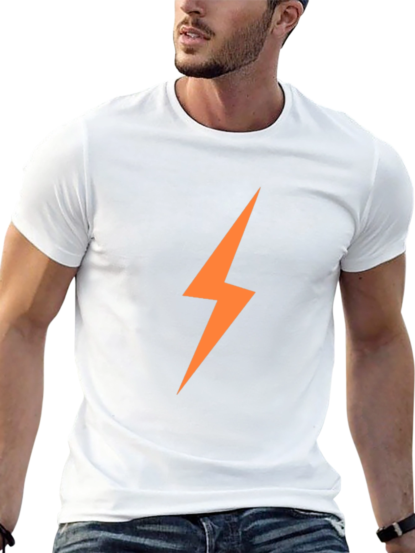 Black Men's Black T-Shirt with Orange Lightning Bolt view 13