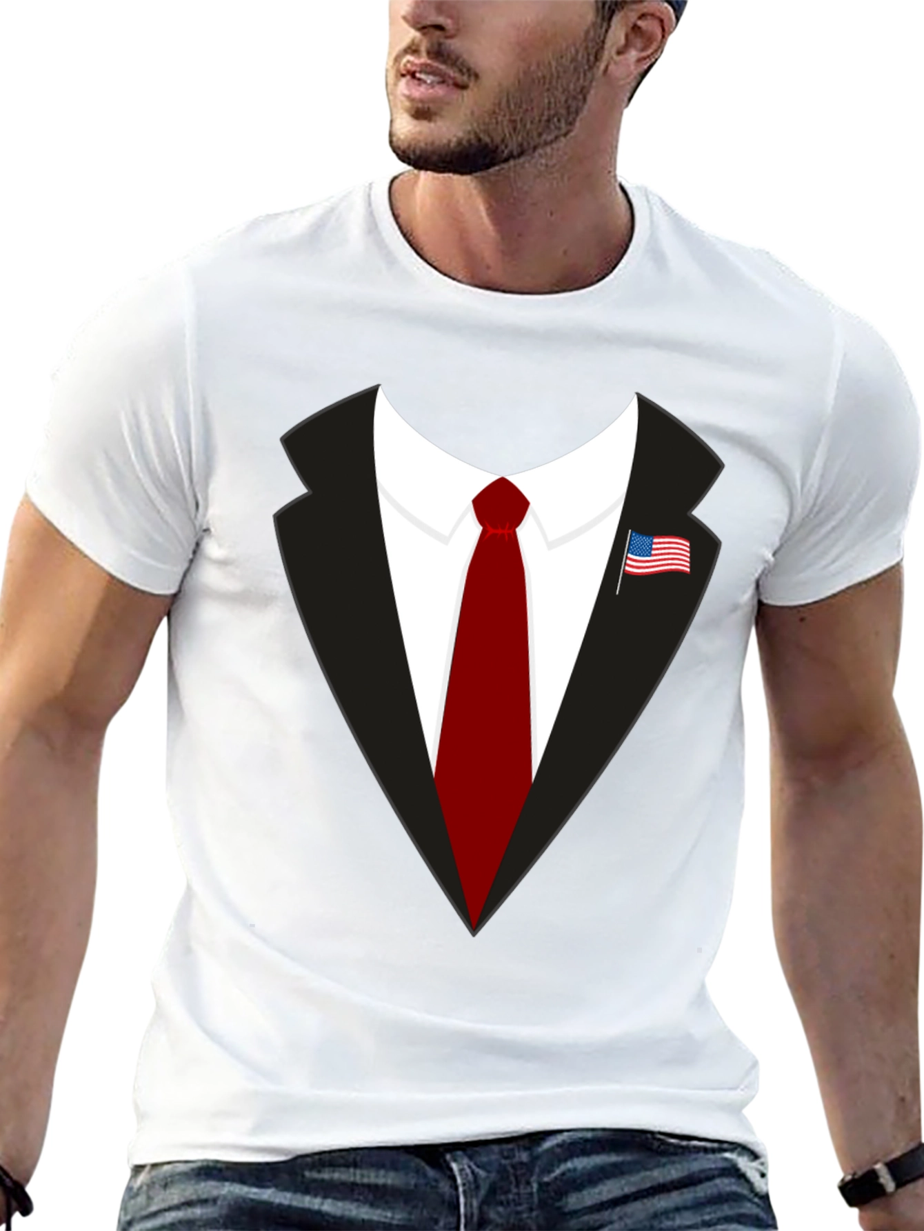 Black Suit & Tie Graphic Tee - Patriotic American Flag Pin view 13