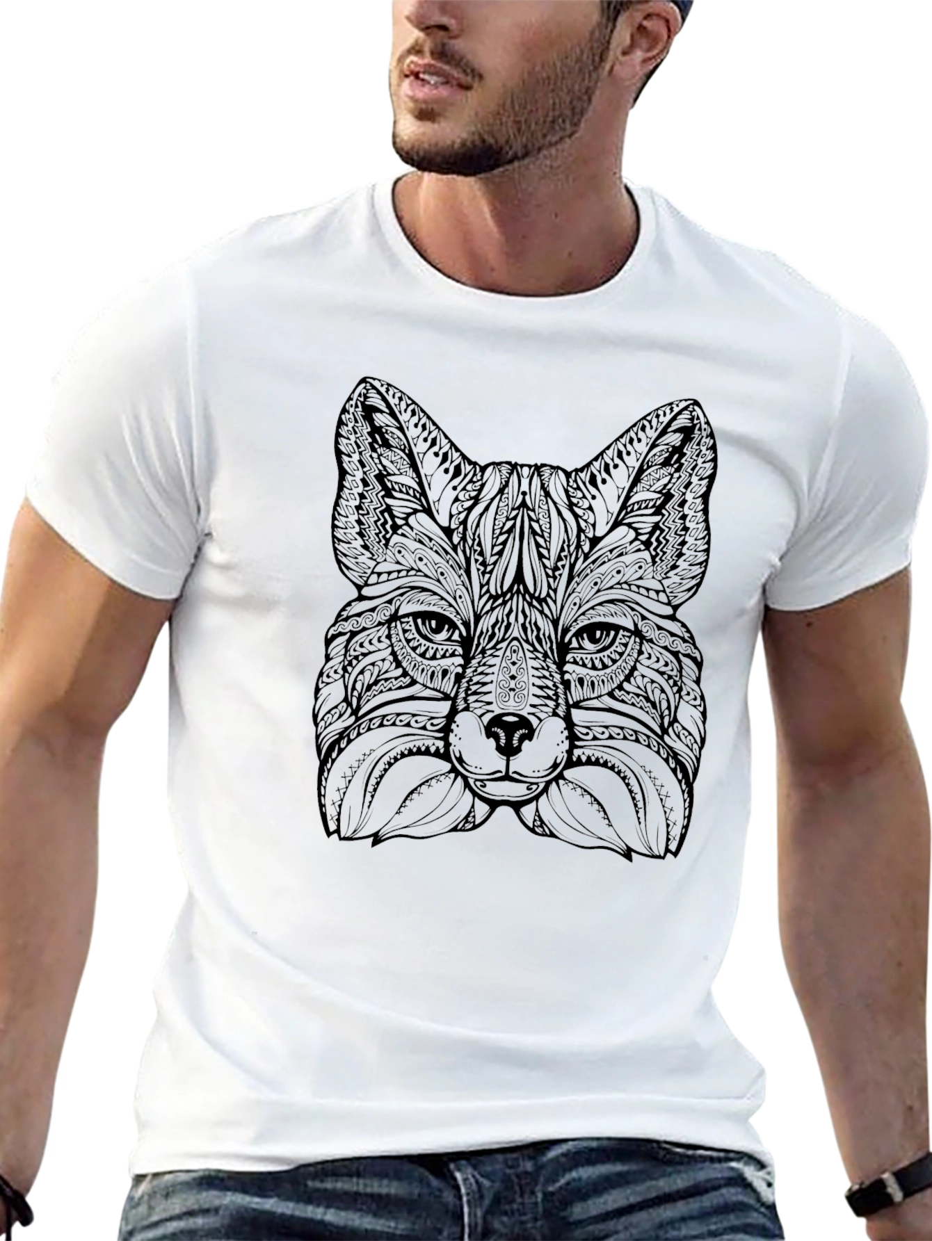 Black Intricate Fox Head Graphic Tee - Stylish Black T-Shirt view 13