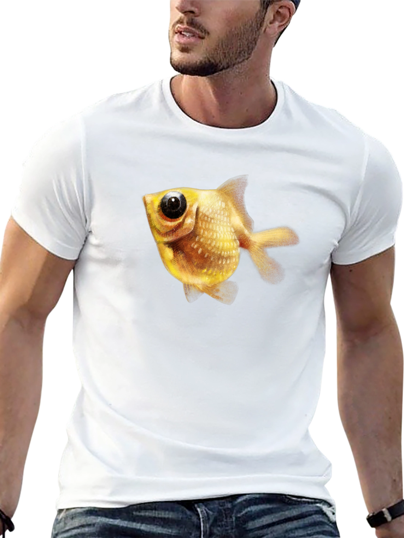 Black Men's Black T-Shirt with Goldfish Graphic view 13