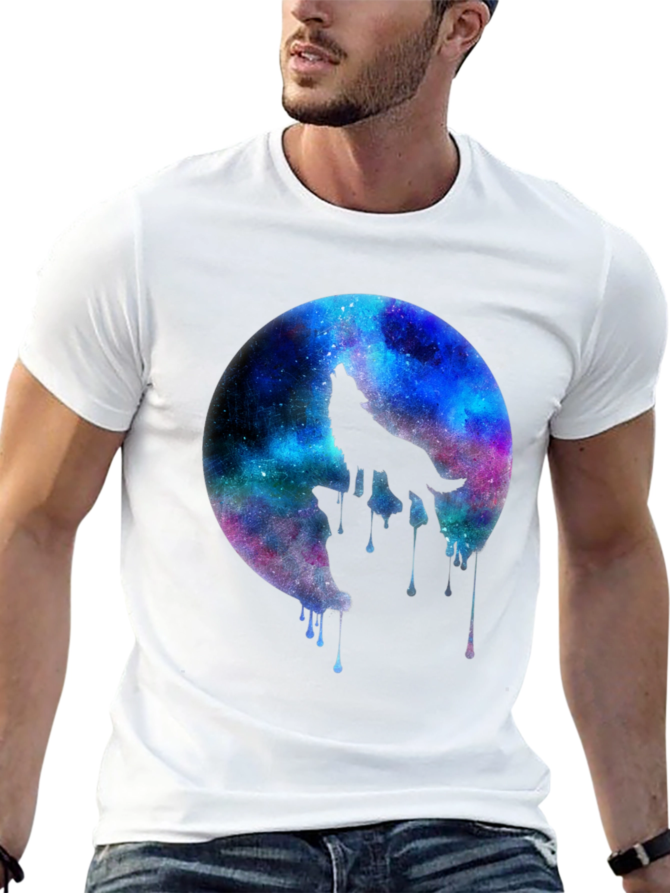 Black Galaxy Wolf Howl Black T-Shirt view 13