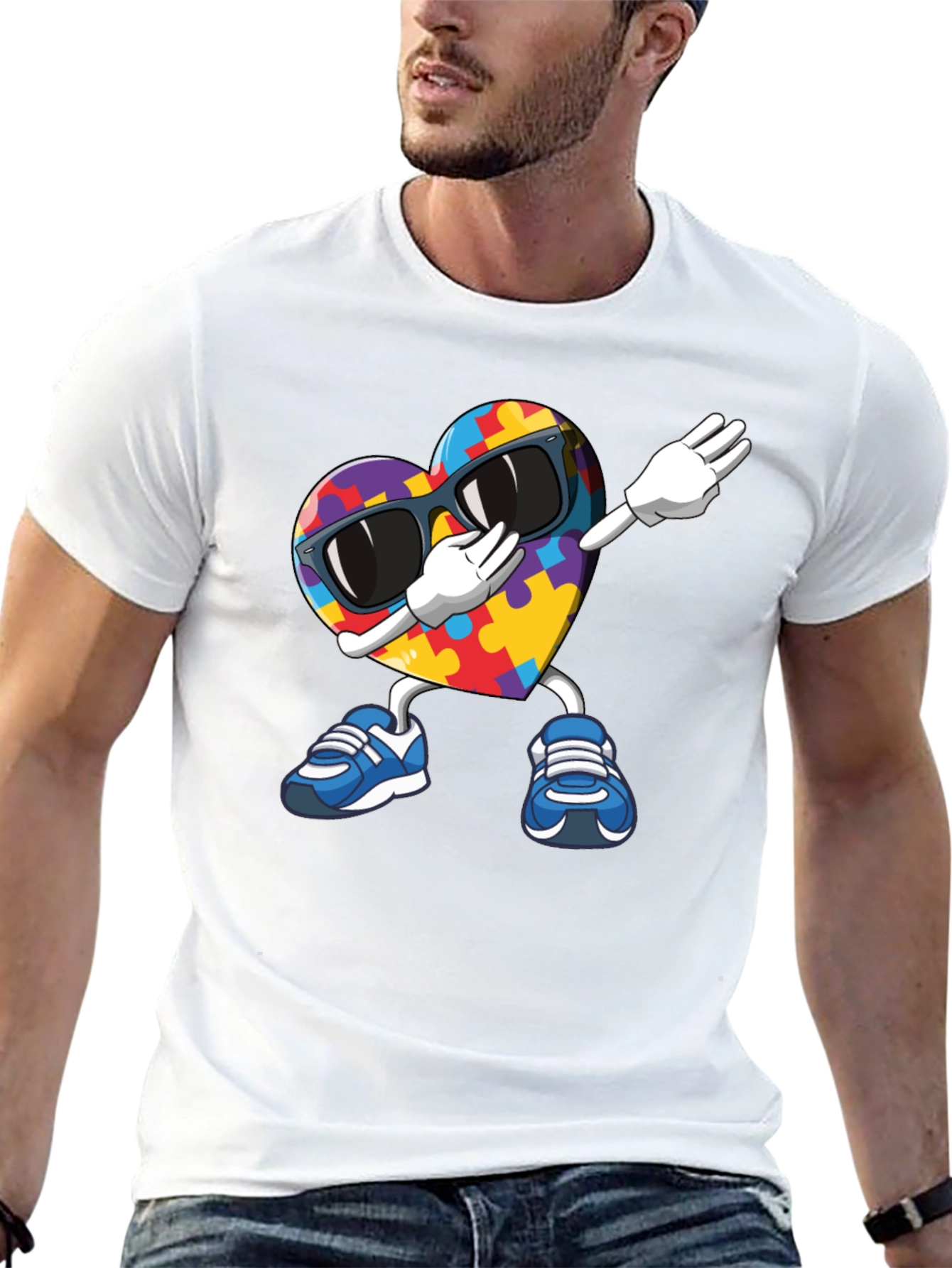 Black Autism Awareness Puzzle Heart Dabbing T-Shirt view 13