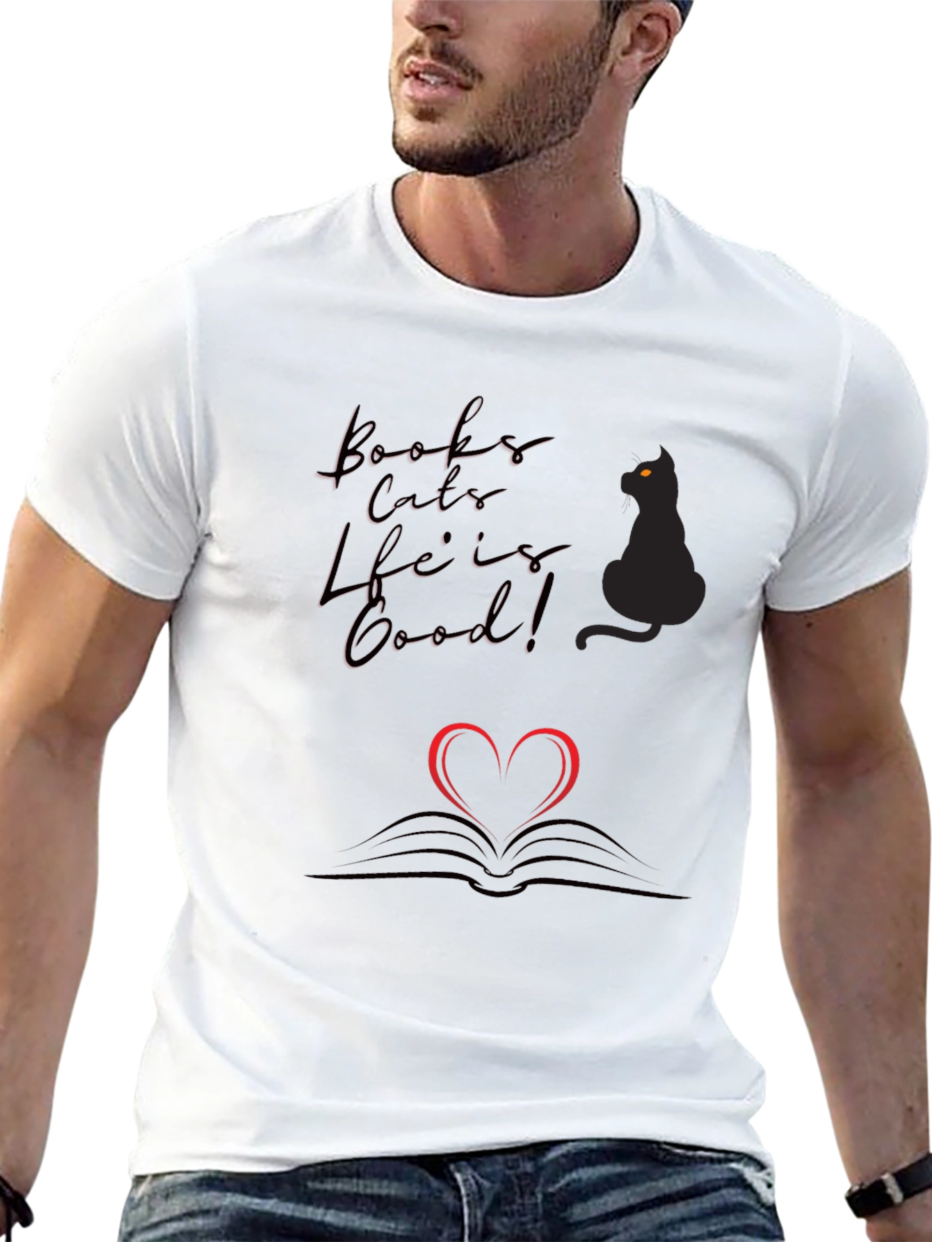 Black Books Cats Life is Good Black T-Shirt view 13