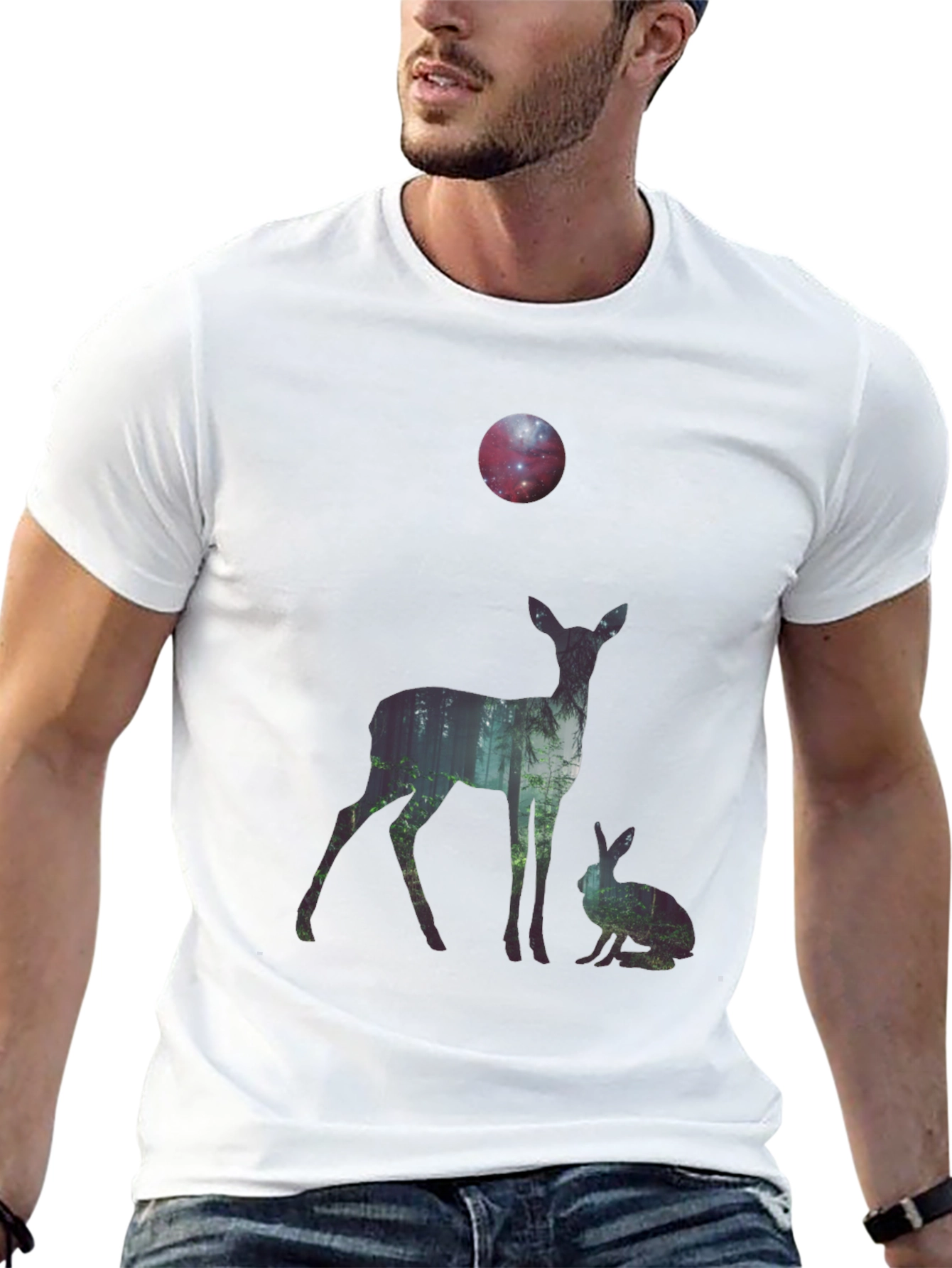 Black Nature Deer and Rabbit Graphic Print T-Shirt view 13