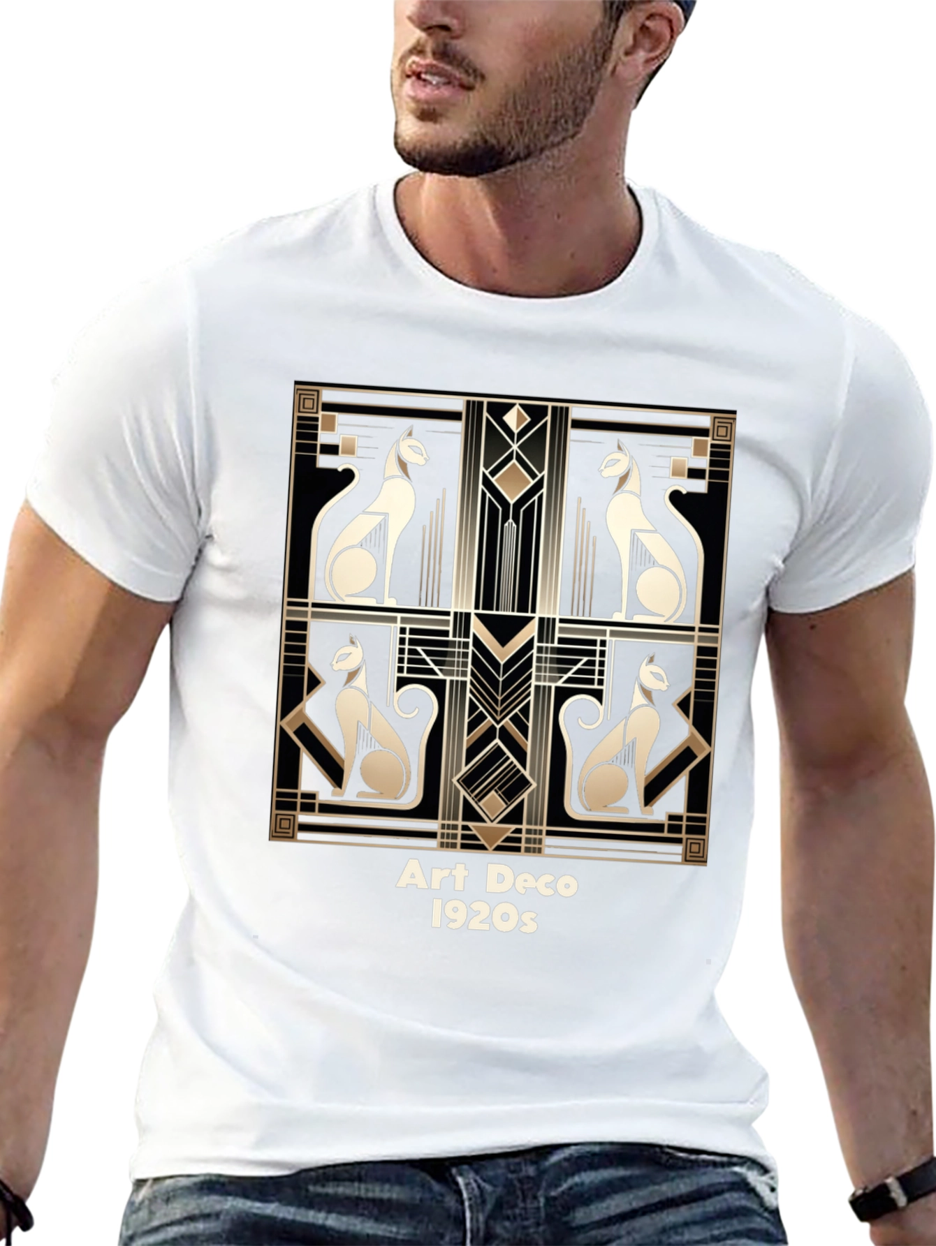 Black Art Deco Cats T-Shirt - Vintage 1920s Style view 13