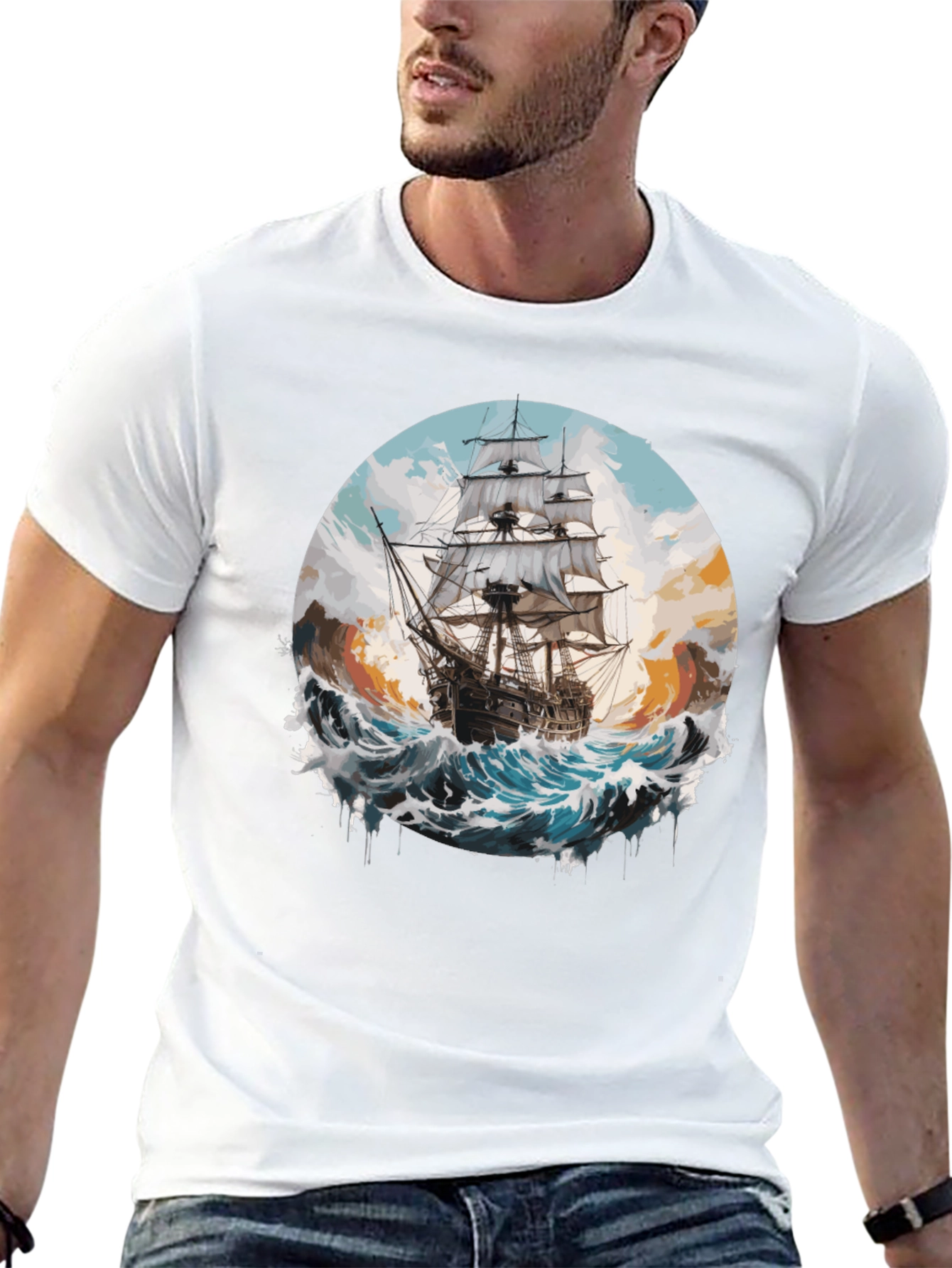 Black Sailing Ship Graphic Tee - Black Cotton Crew Neck view 13