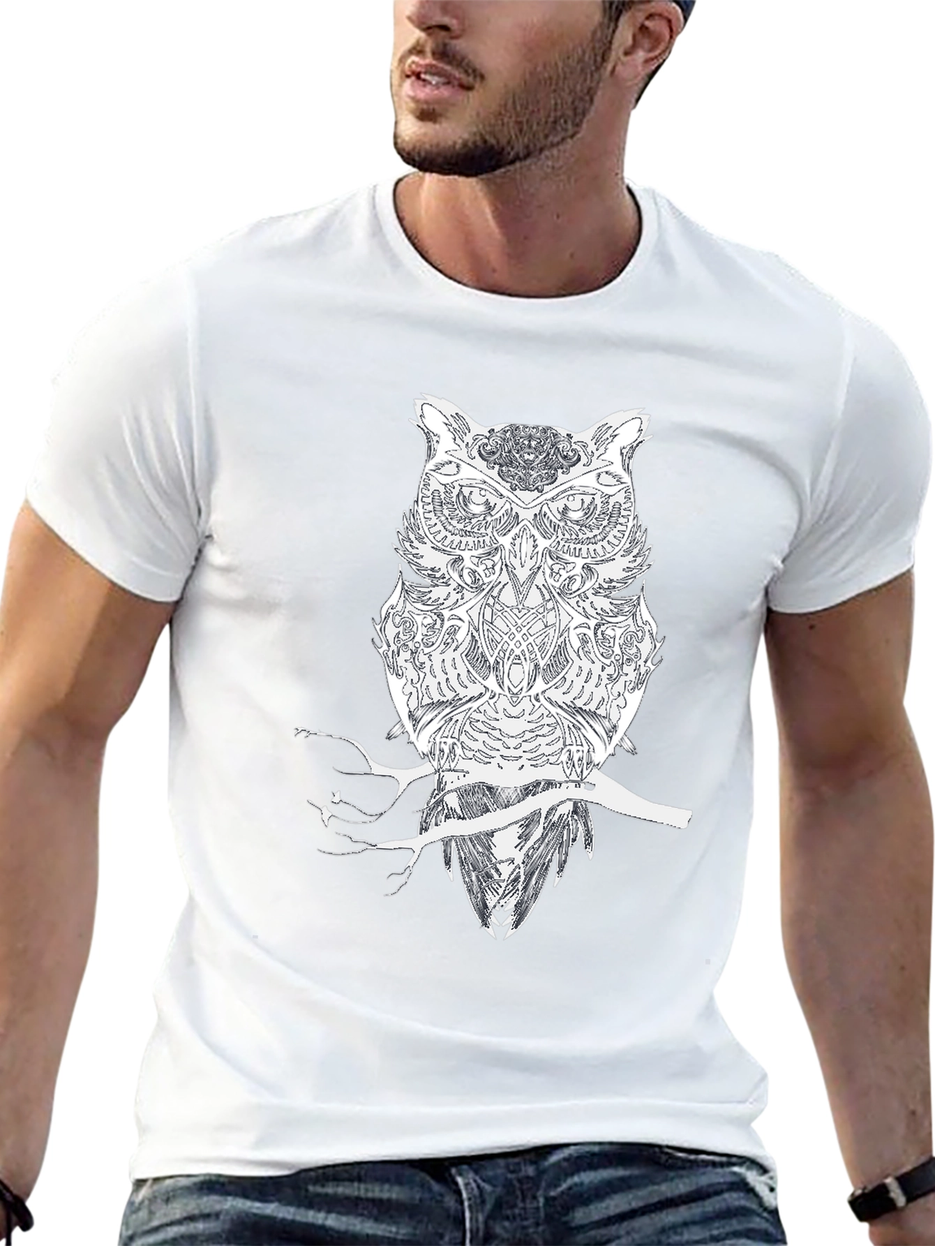 Black Owl on Branch Black Tee - Unique Graphic Design view 13