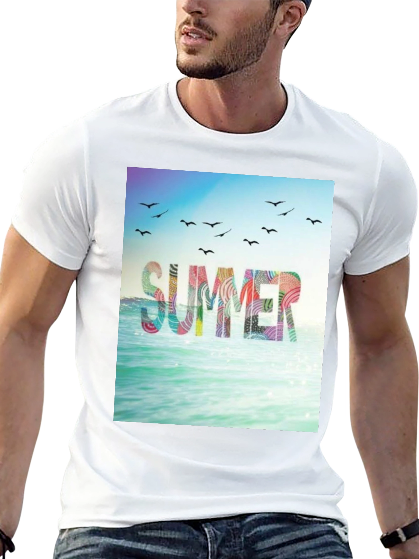 Black Summer Beach Graphic Tee - Black Cotton T-Shirt view 13