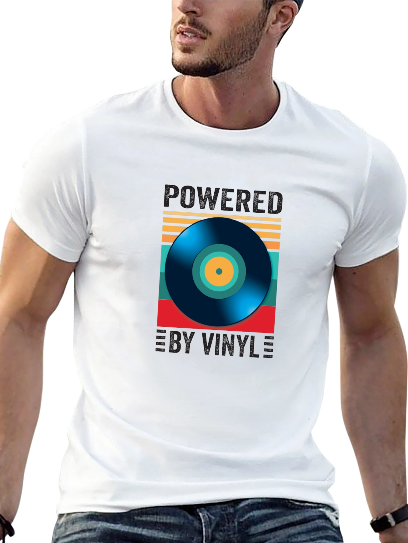 Black Powered by Vinyl Graphic Tee - Retro Music Lover Shirt view 13