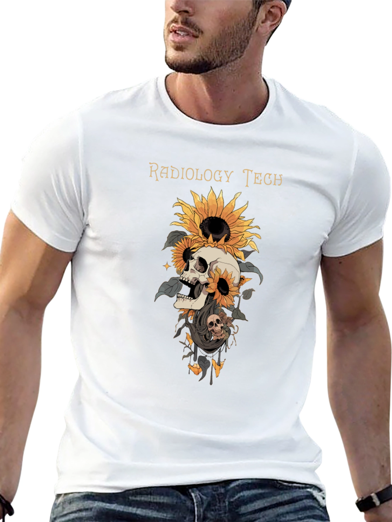 Black Radiology Tech Skull Sunflower Graphic Tee view 13