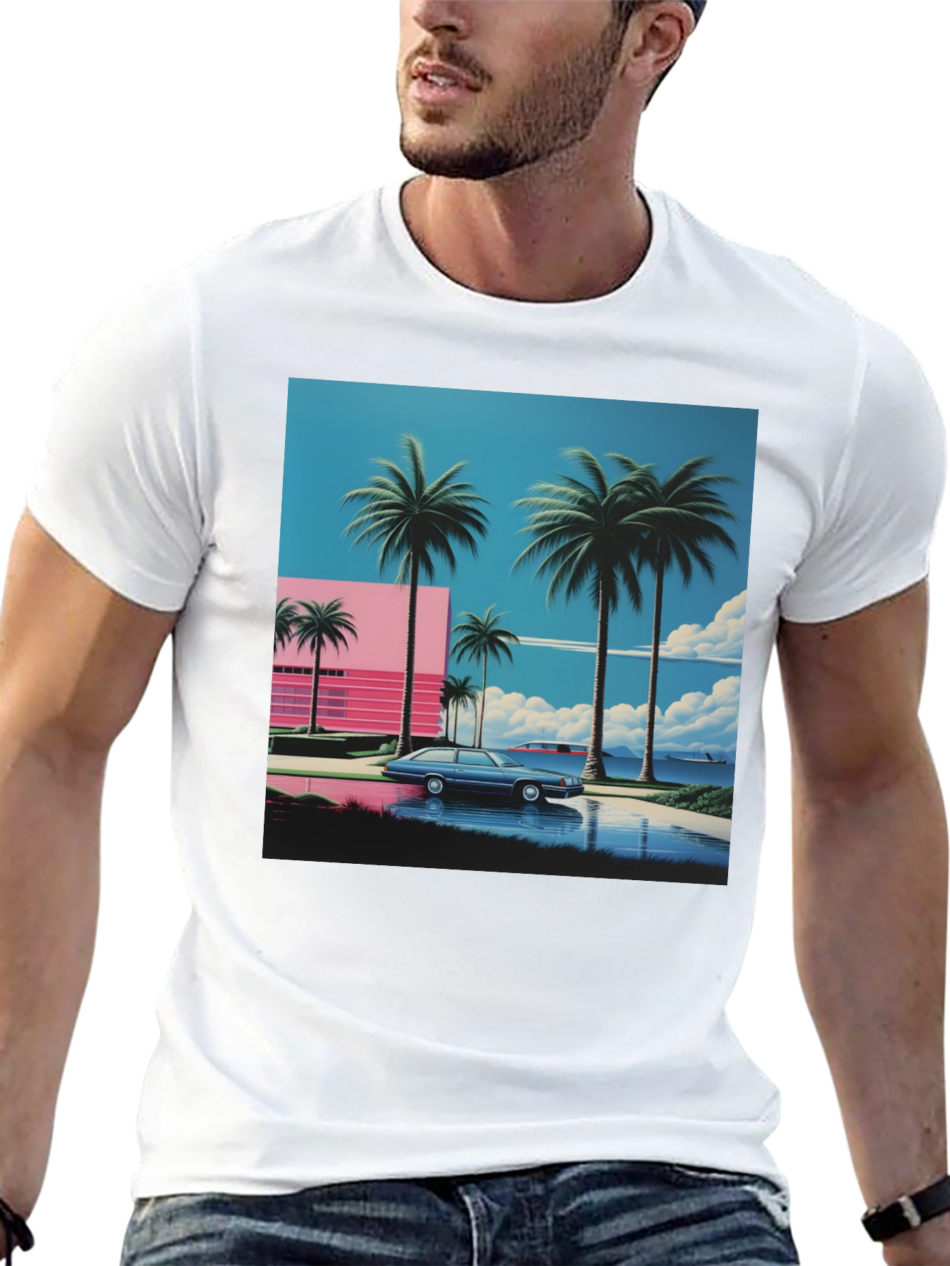 Black Miami Vice Style T-Shirt, Retro Car & Palms view 13