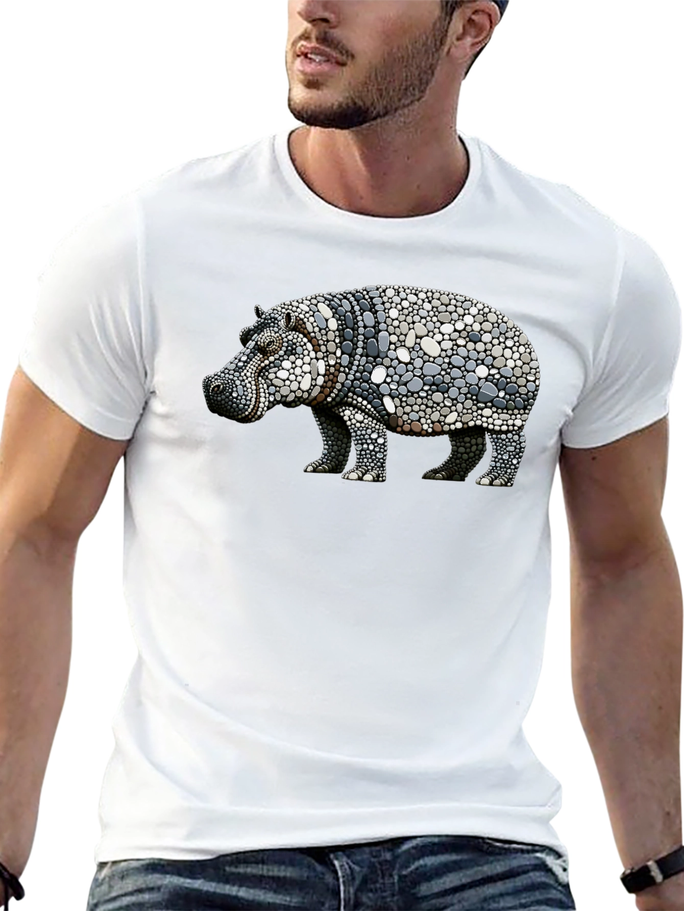 Black Hippo Pebble Art Graphic Tee - Black Cotton Shirt view 13