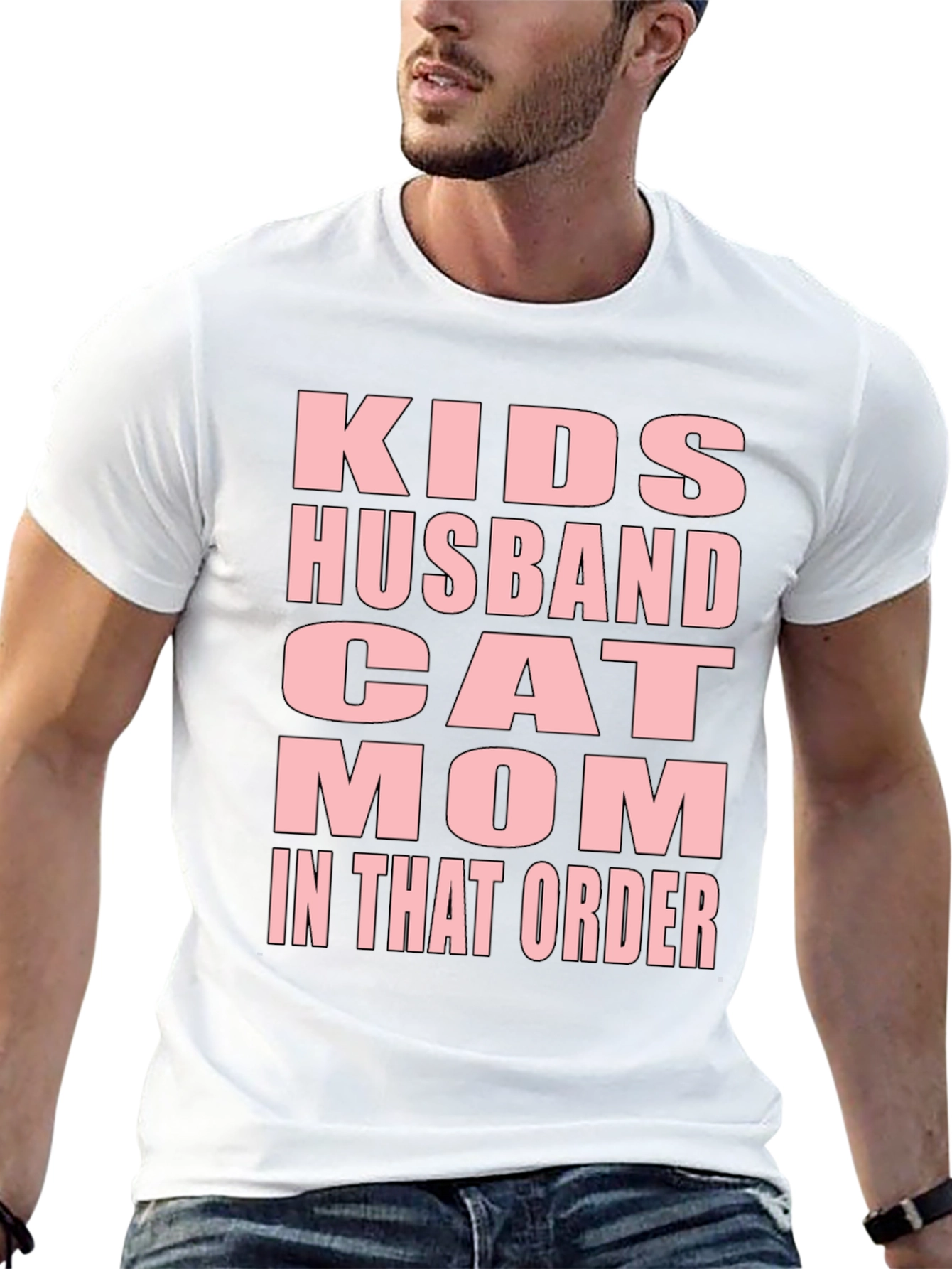 Black Funny "Kids Husband Cat Mom" Black T-Shirt view 13