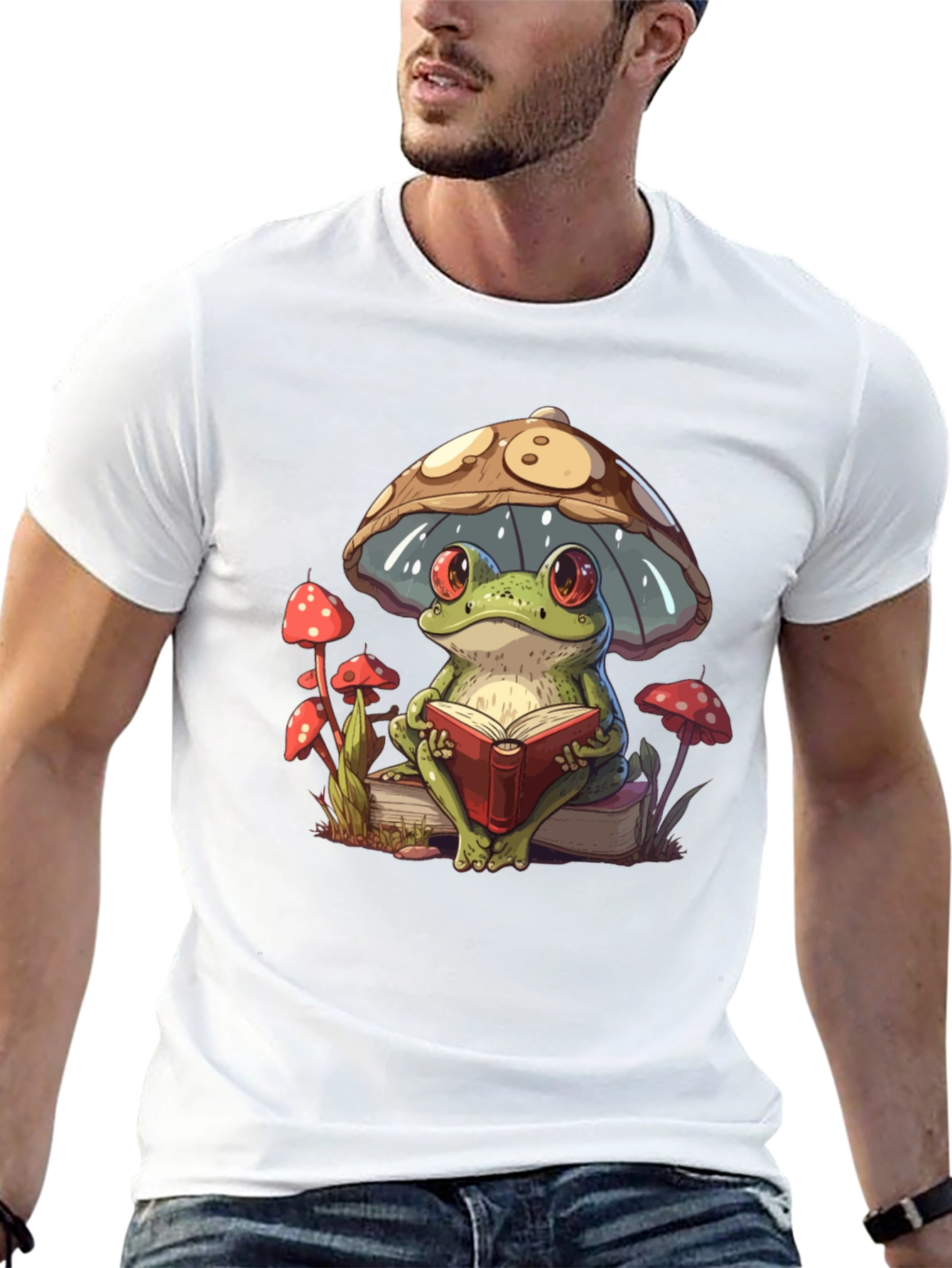 Black Frog Reading Under Mushroom T-Shirt view 13