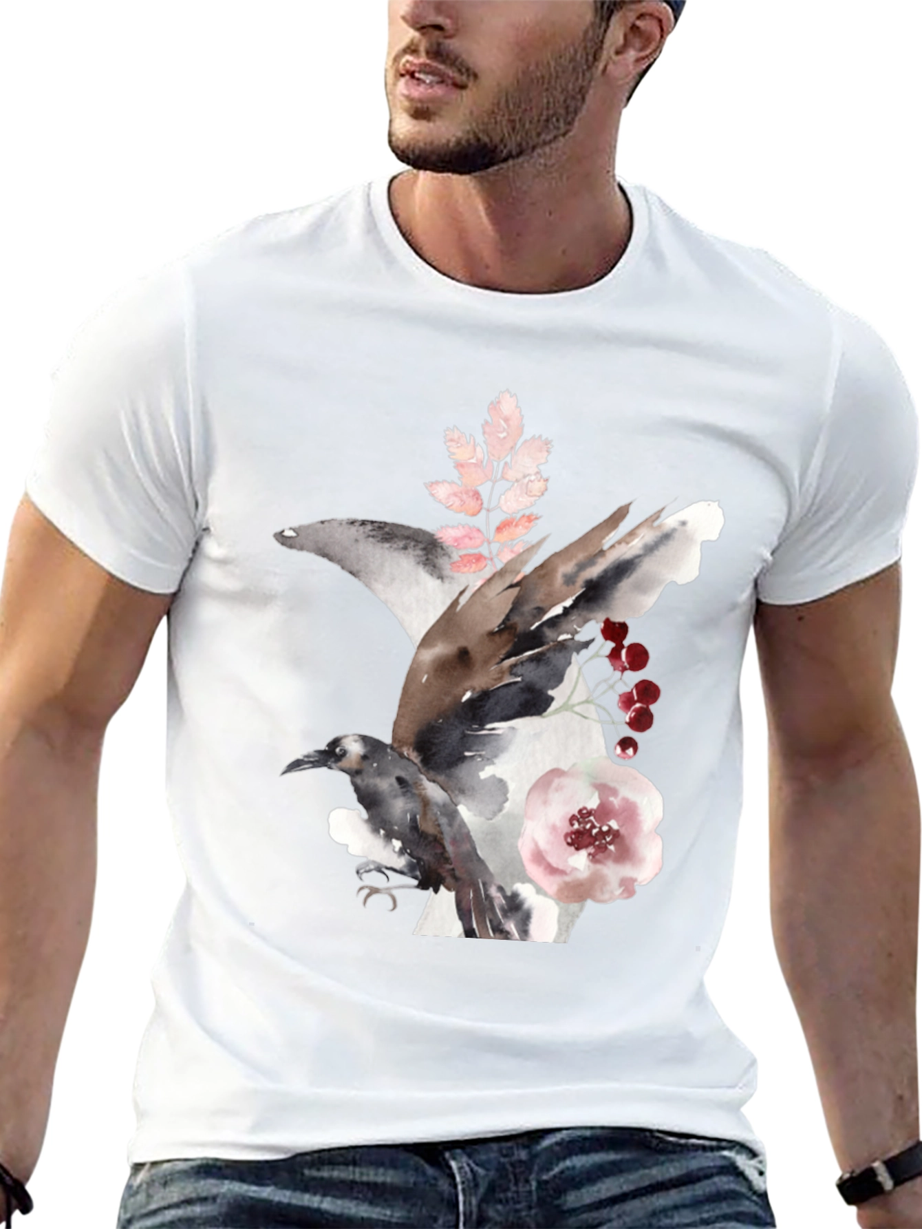 Black Raven & Floral Watercolor Tee view 13