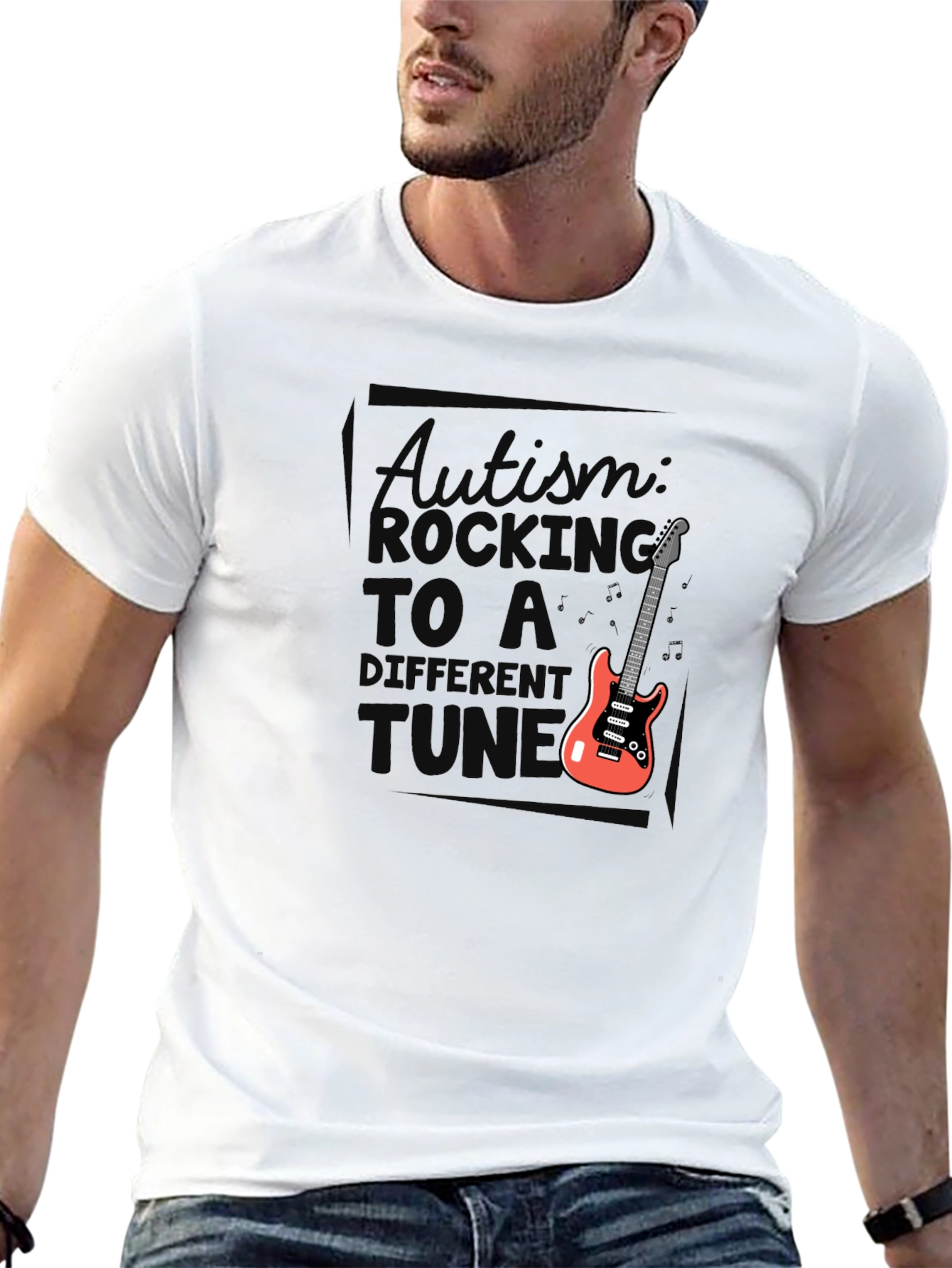 Black Autism Awareness Rocking to a Different Tune T-Shirt view 13