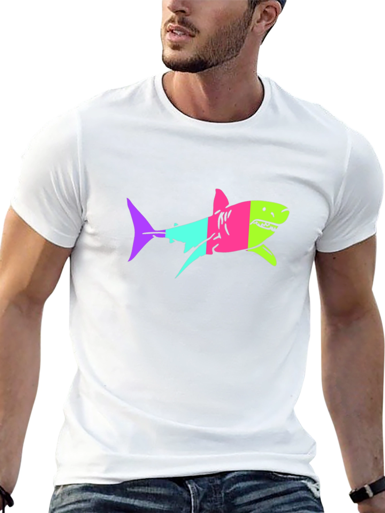 Black Neon Shark Graphic Print Black T-Shirt view 13