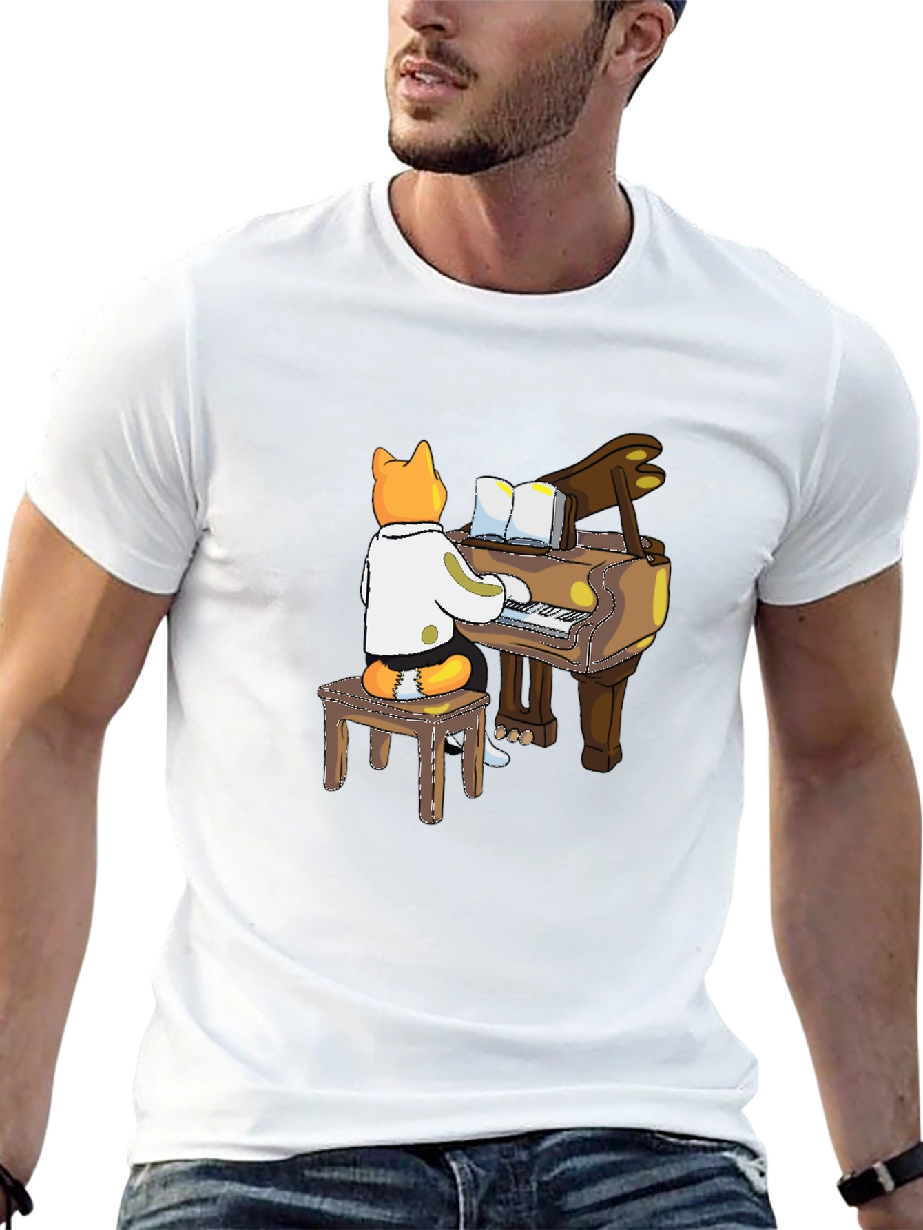 Black Cat Pianist T-Shirt - Black Graphic Tee view 13