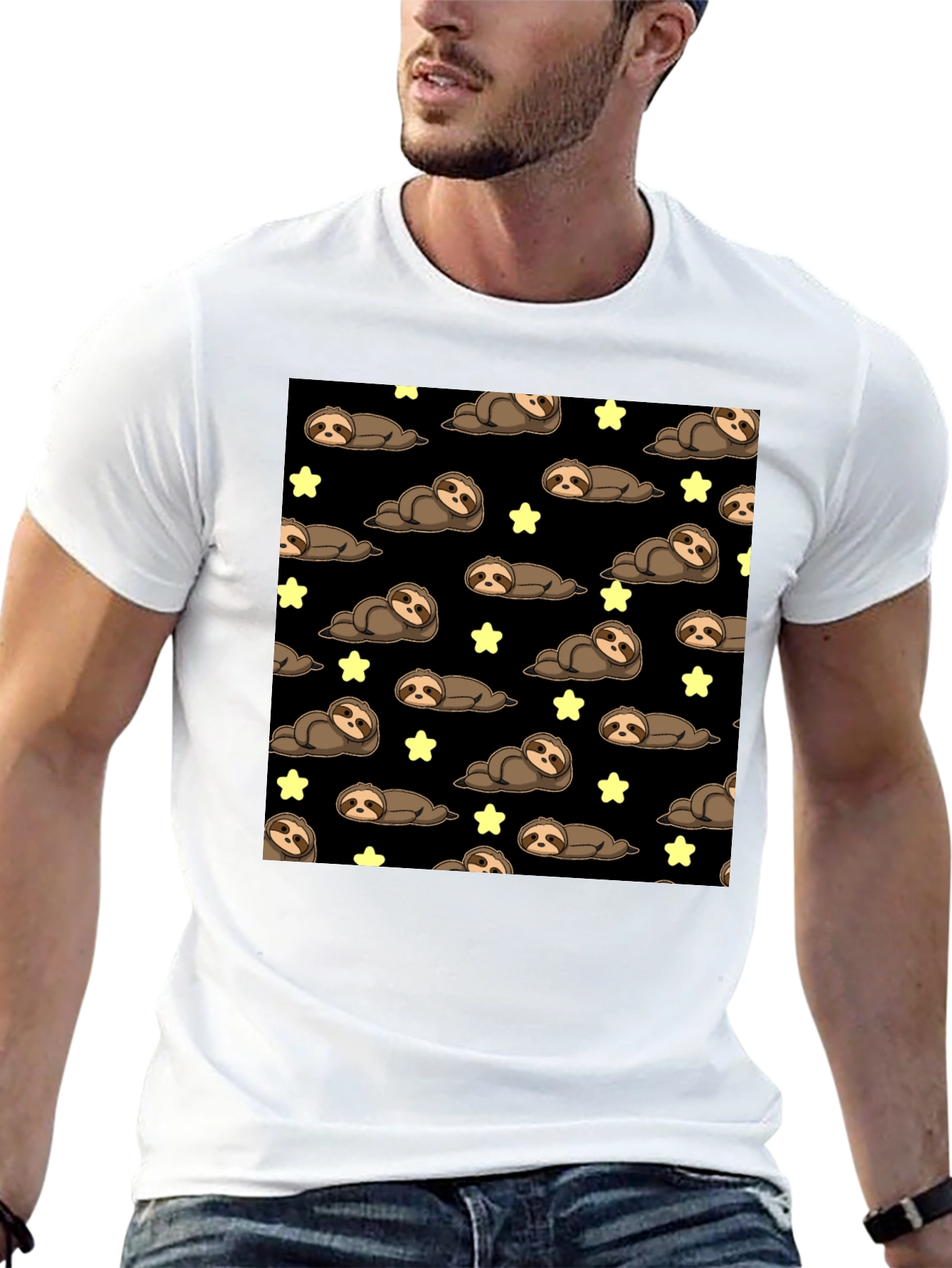 Black Cute Sloth Starry Night T-Shirt view 13