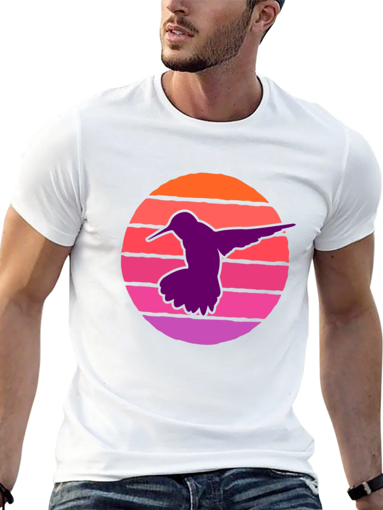 Black Hummingbird Sunset T-Shirt - Retro Style Black Tee view 13