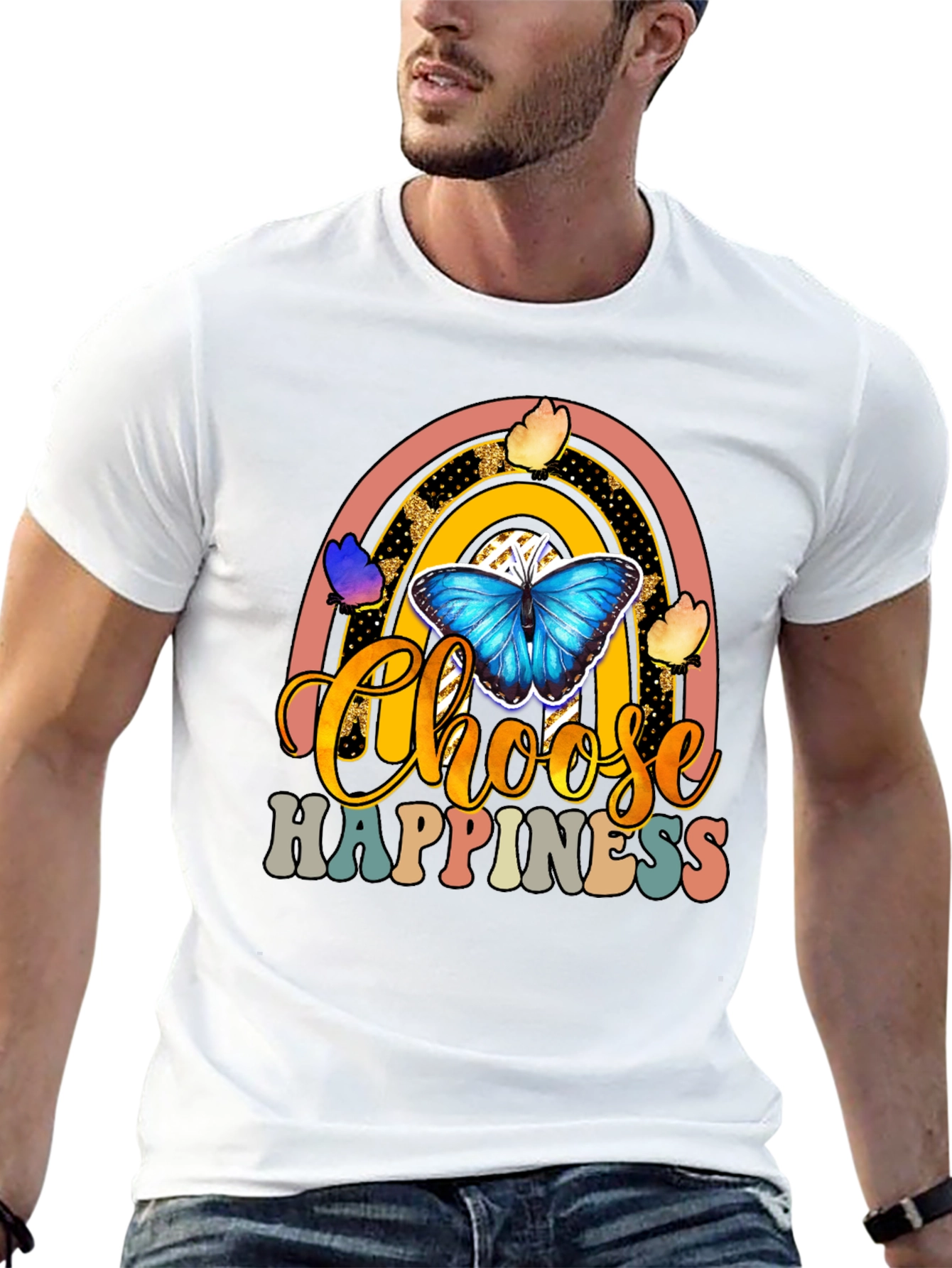 Black Choose Happiness T-Shirt - Butterfly Rainbow Design view 13
