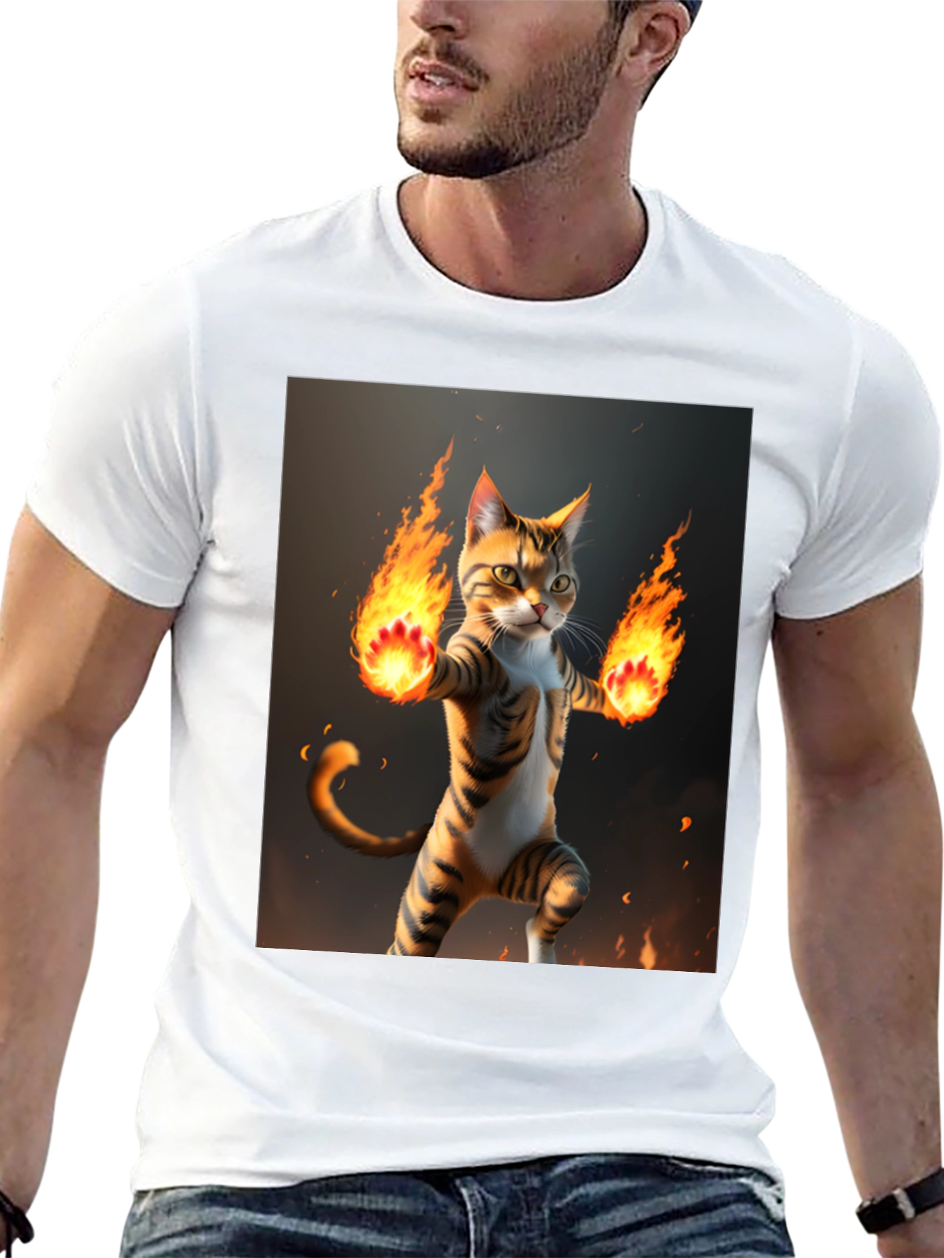 Black Fire Cat Graphic Tee - Black Cotton T-Shirt view 13