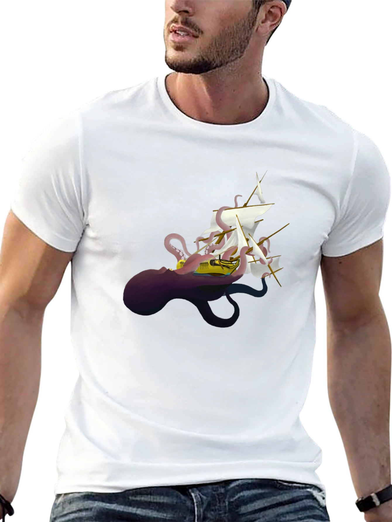 Black Octopus Ship Black T-Shirt - Unique Kraken Graphic Tee view 13