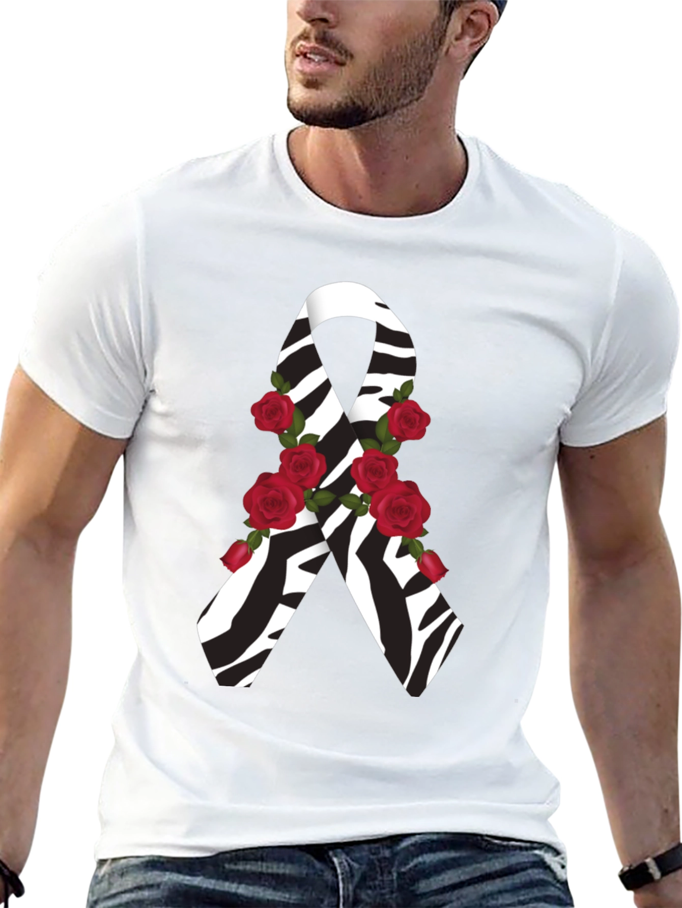 Black Zebra Stripe Awareness Ribbon Rose Graphic Tee view 13
