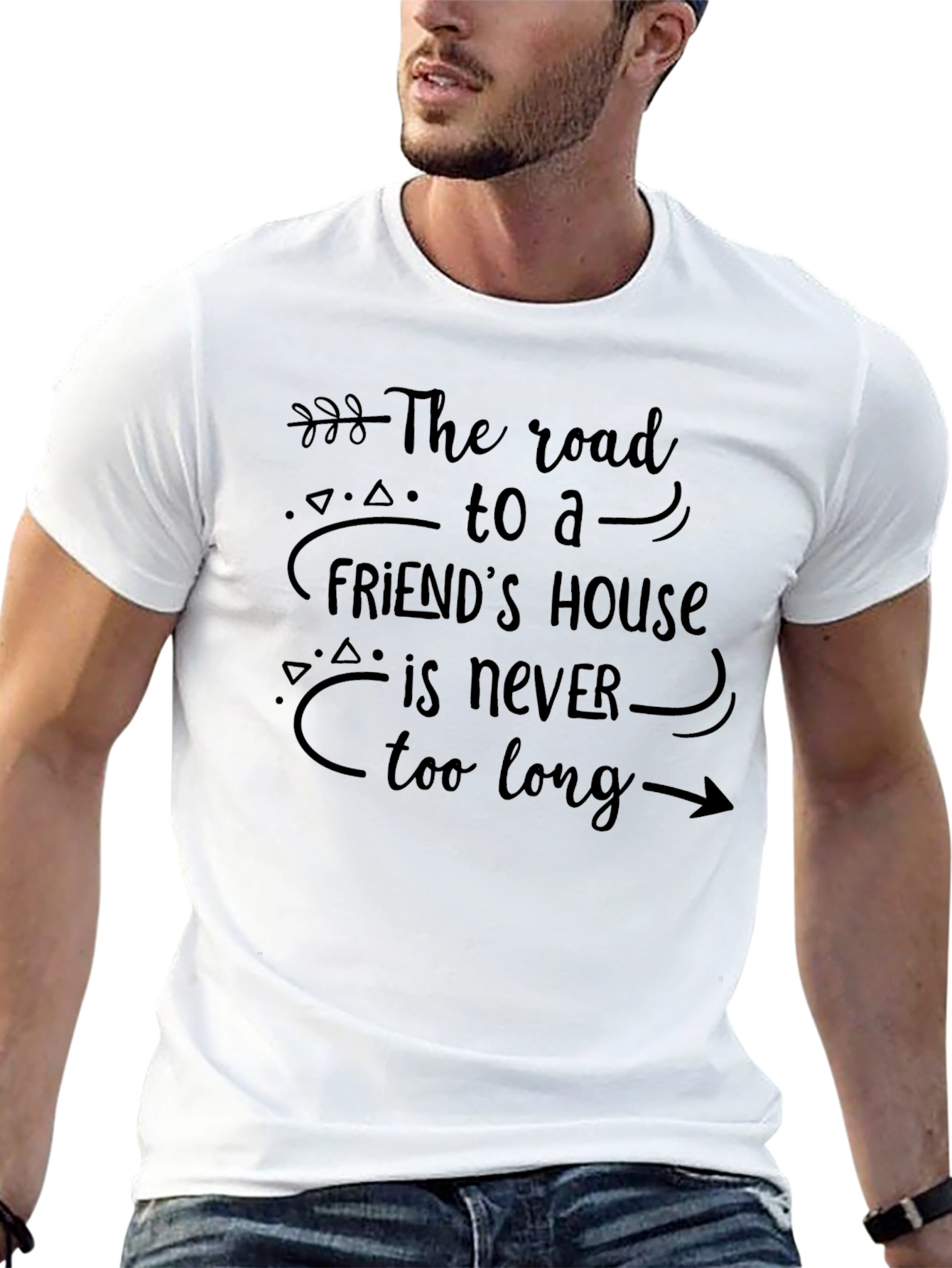 Black Friendship Quote T-Shirt - Road to a Friend's House - Black Cotton Tee view 13