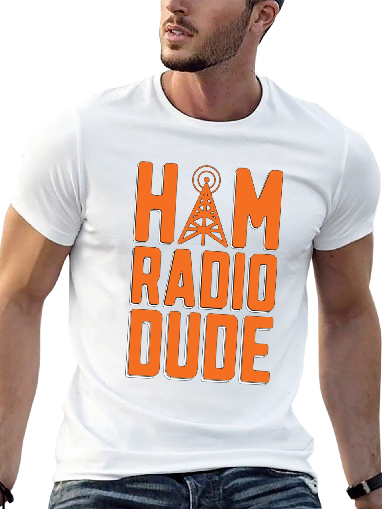 Black Ham Radio Dude T-Shirt - Orange Radio Tower Design view 13