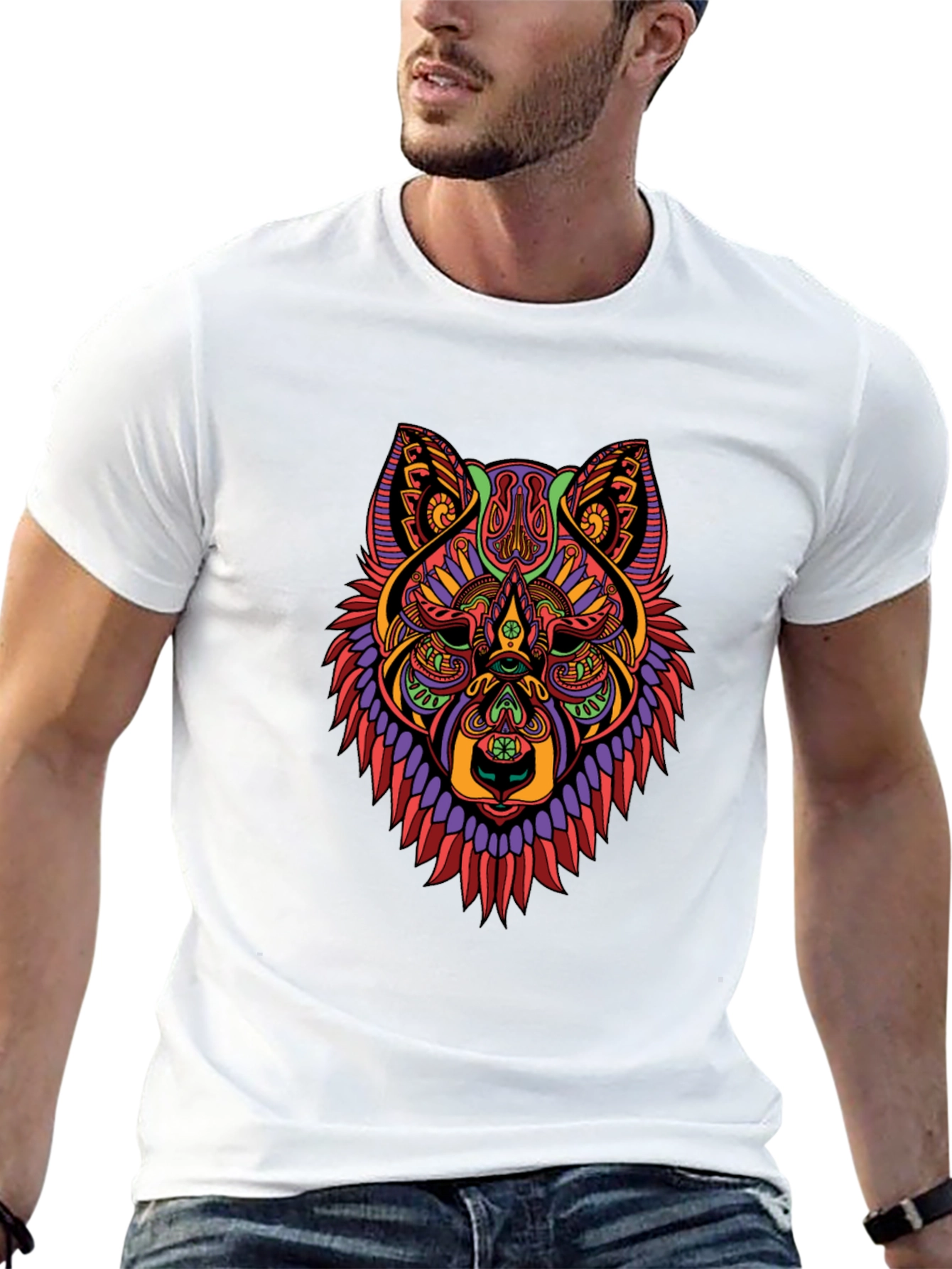 Black Abstract Wolf Head Graphic Black T-Shirt view 13