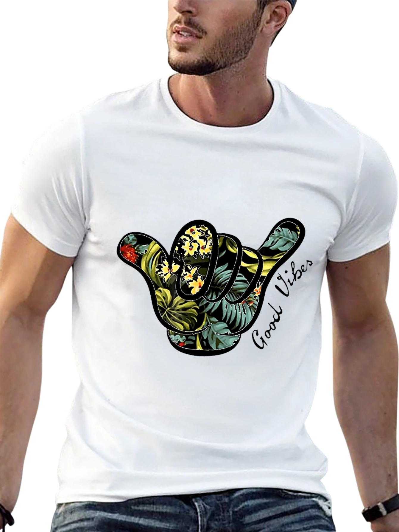 Black Tropical Shaka Hand Good Vibes T-Shirt view 13