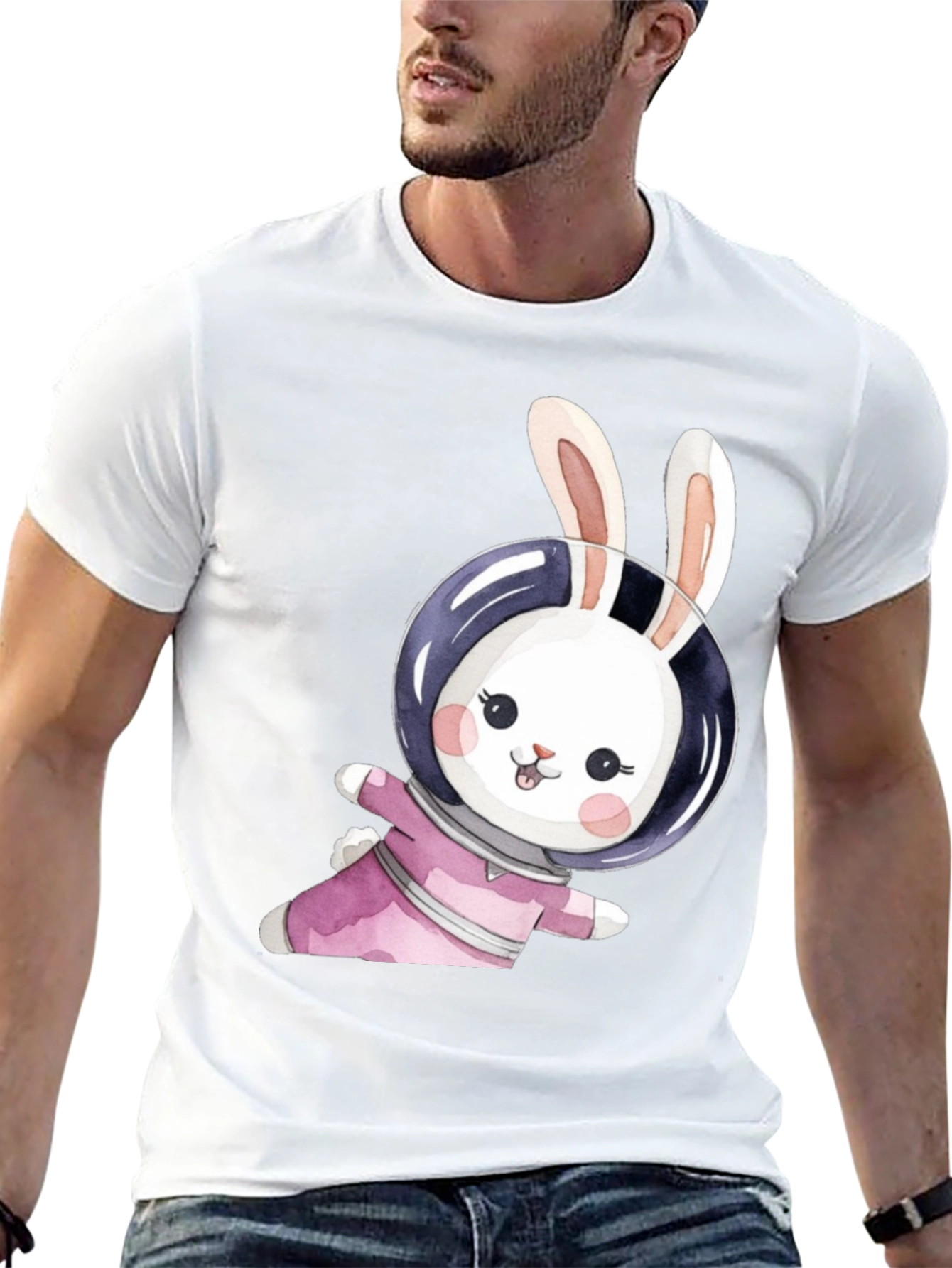 Black Cute Bunny Astronaut Black T-Shirt view 13
