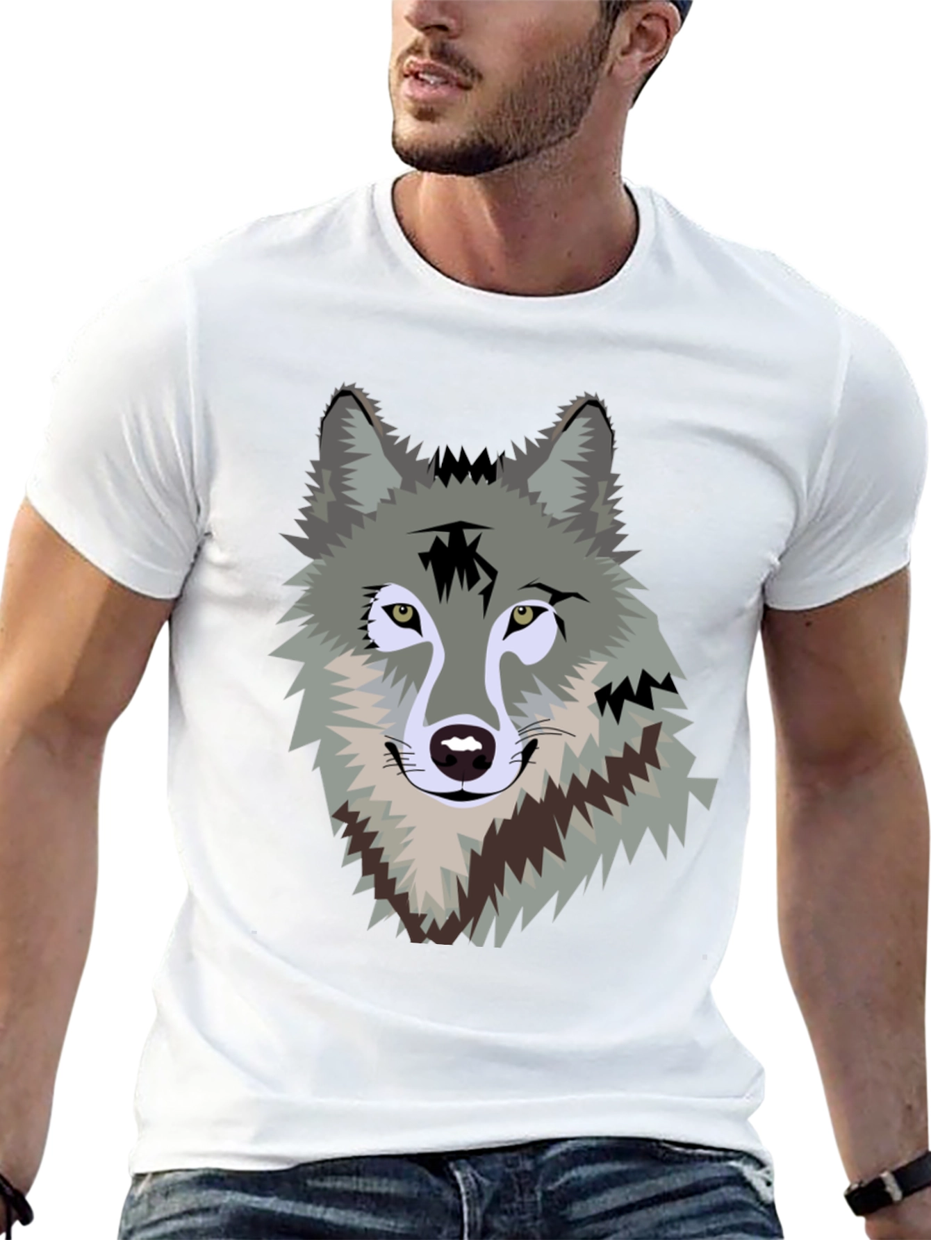 Black Men's Black T-Shirt with Wolf Graphic view 13