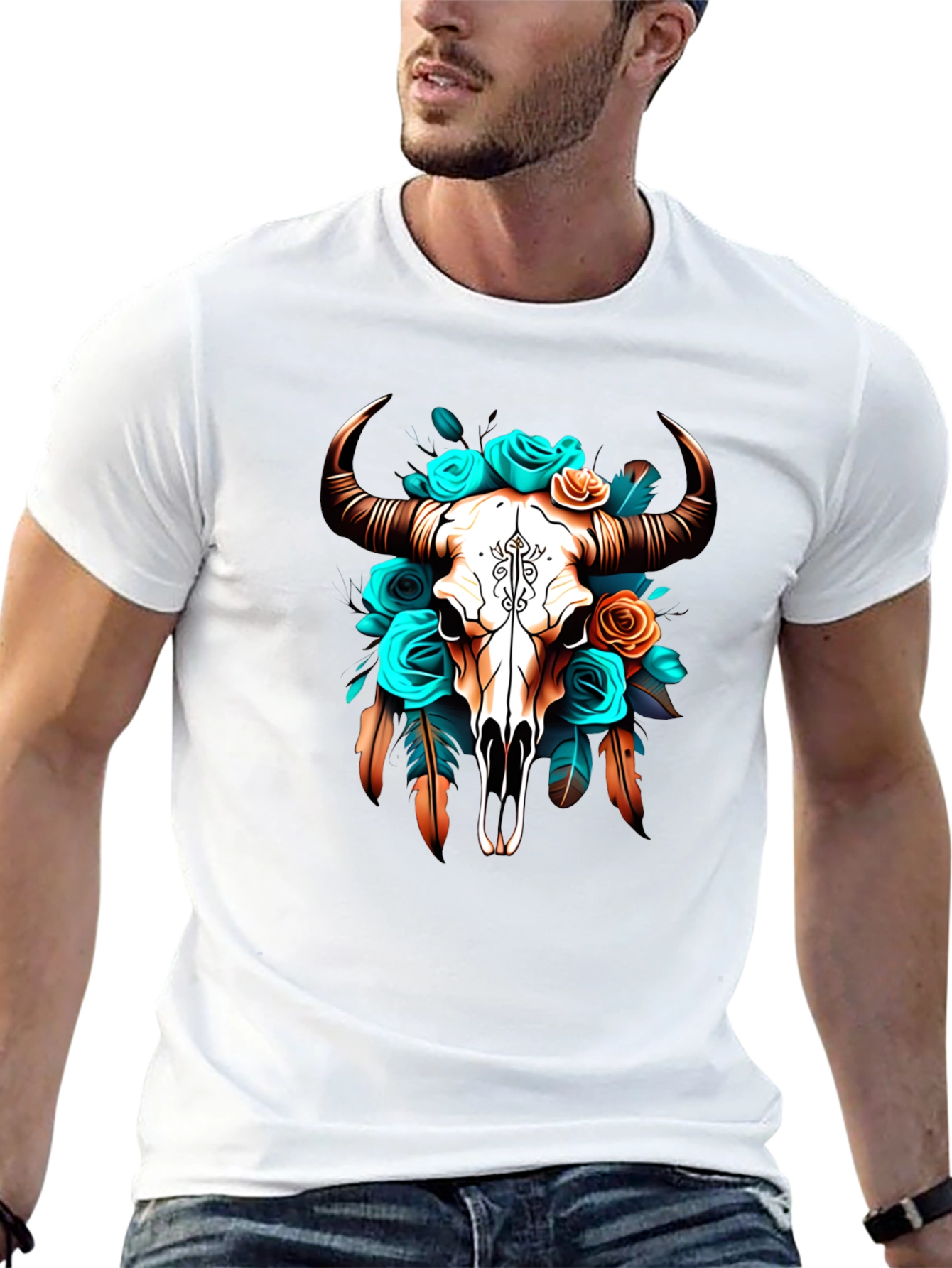 Black Floral Bull Skull Graphic Tee - Western Style view 13