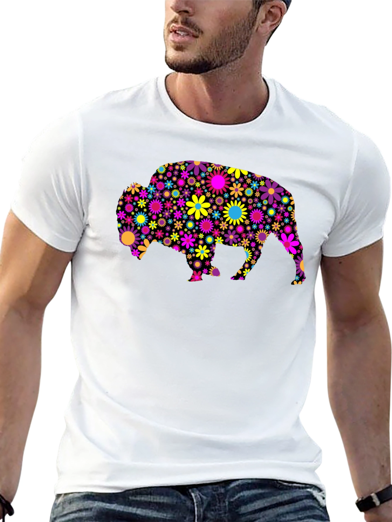 Black Floral Bison Graphic Tee - Trendy Men's T-Shirt view 13