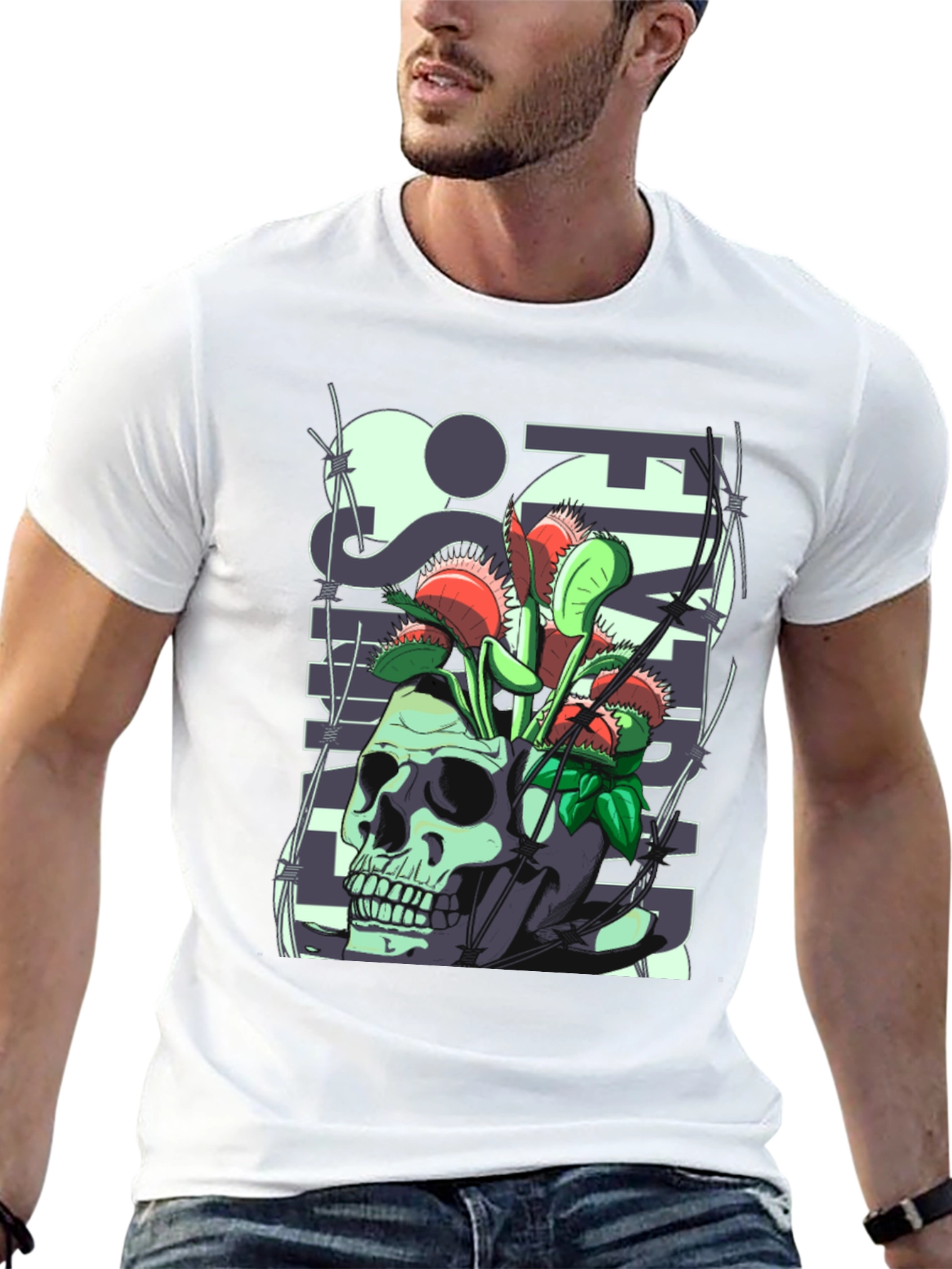 Black Skull & Venus Flytrap Graphic Tee - Unique Design view 13
