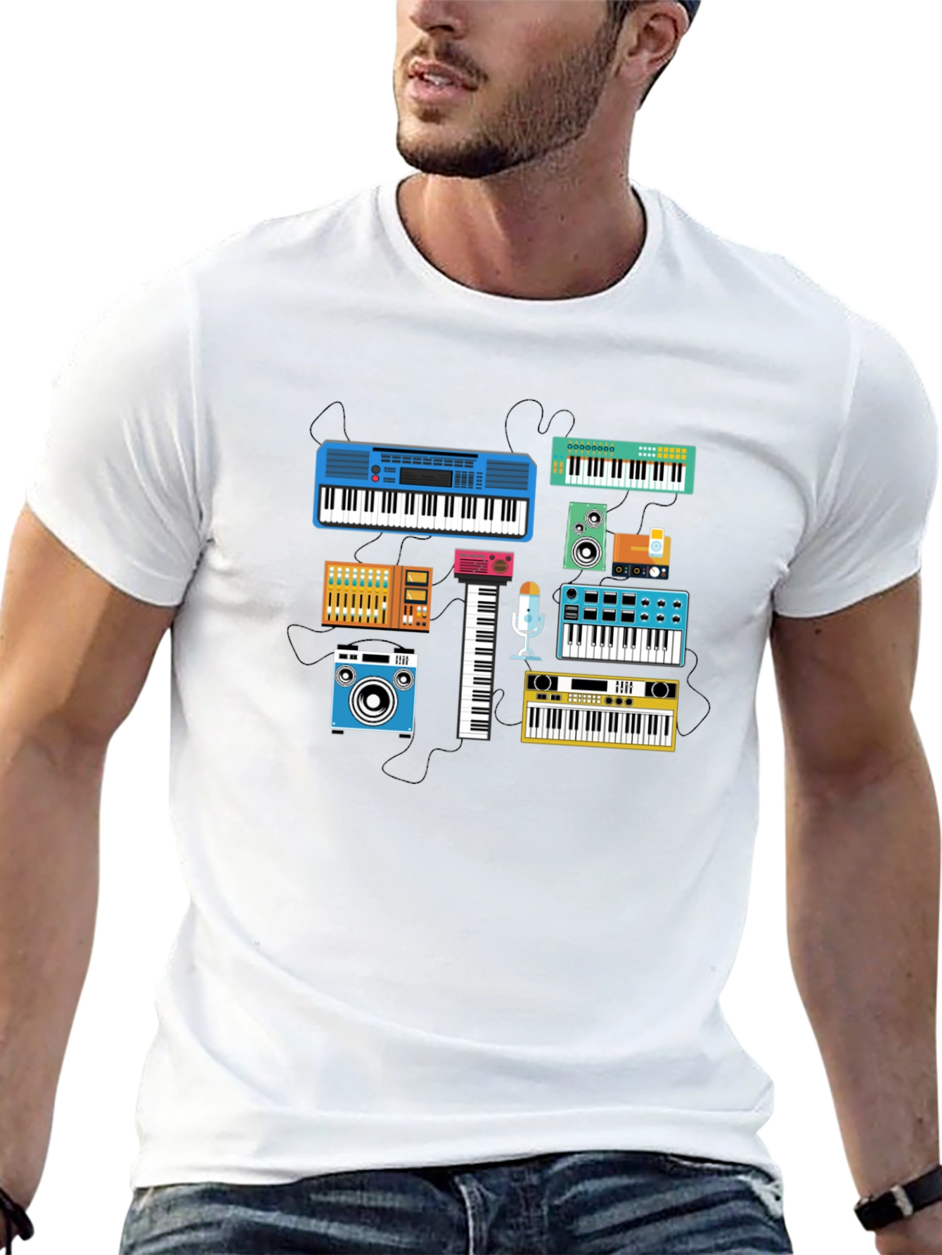 Black Retro Synth Music T-Shirt - Black Cotton Tee view 13