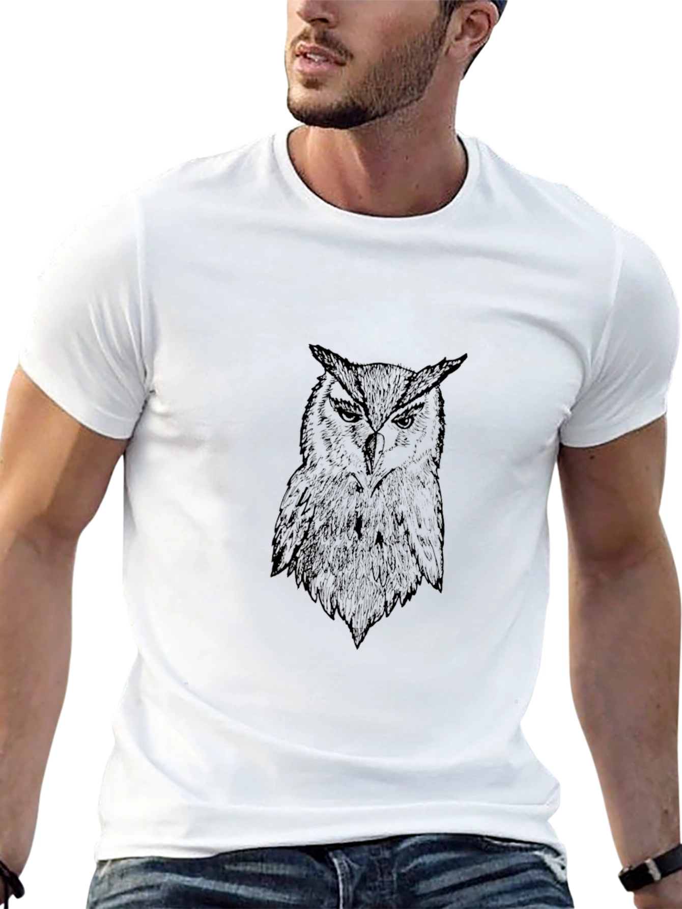Black Men's Black Owl Graphic Tee - Stylish Bird Print T-Shirt view 13