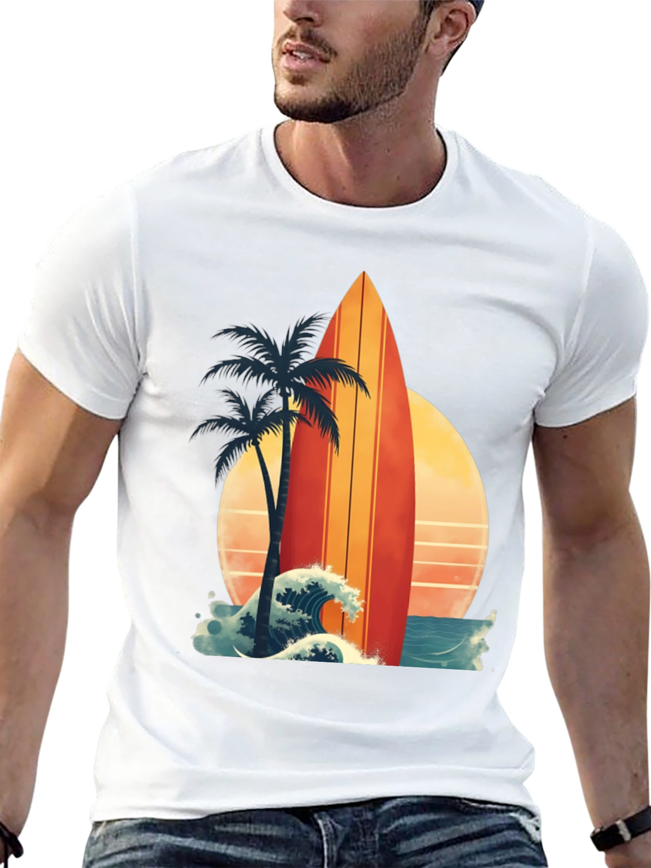 Black Retro Surfboard Palm Tee - Beach Vibes view 13