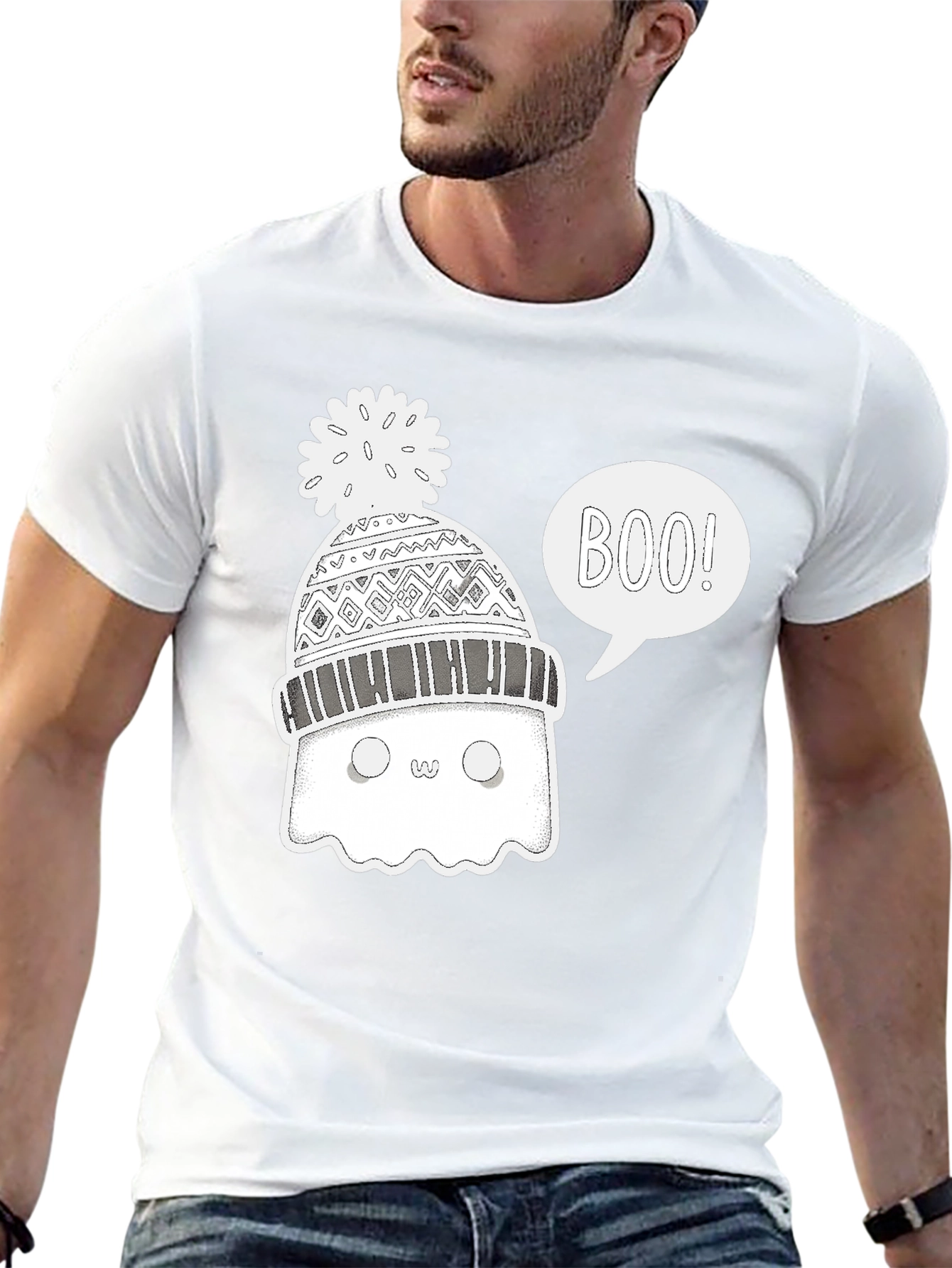 Black Boo Ghost Winter Hat T-Shirt view 13