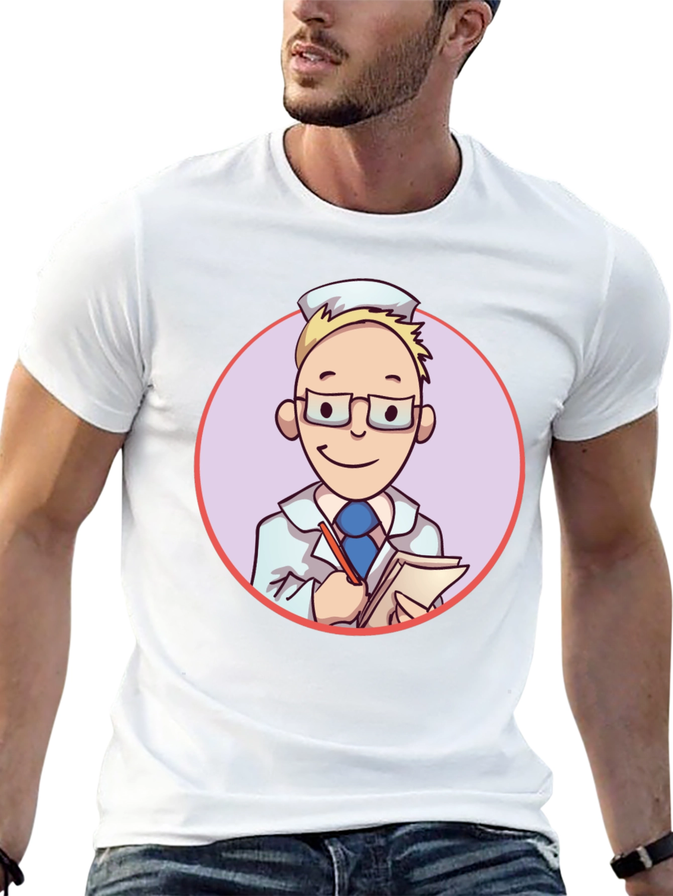 Black Cartoon Doctor Graphic Tee - Unisex Black T-Shirt view 13
