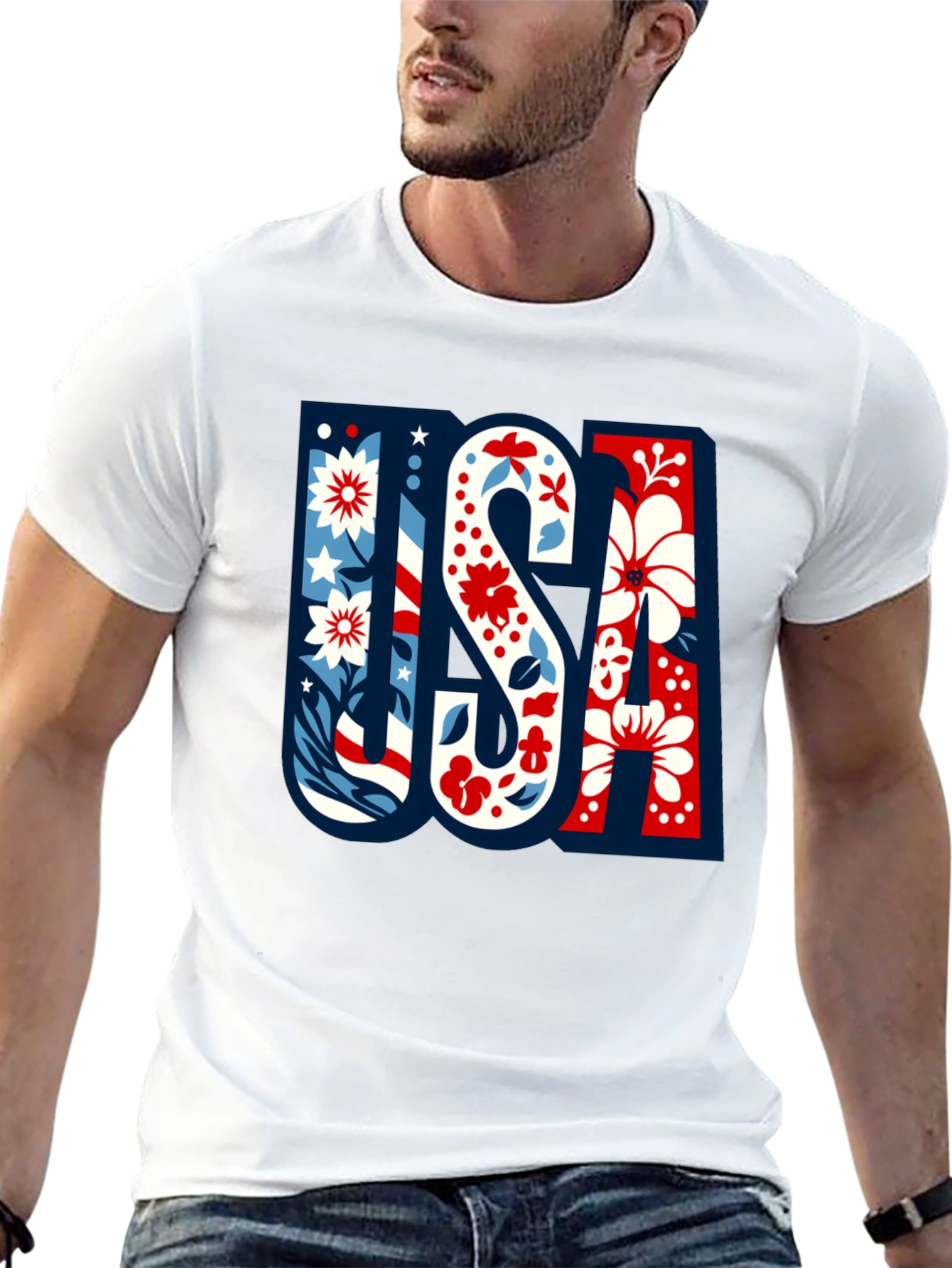 USA Floral Print Men's Black T-Shirt - 13