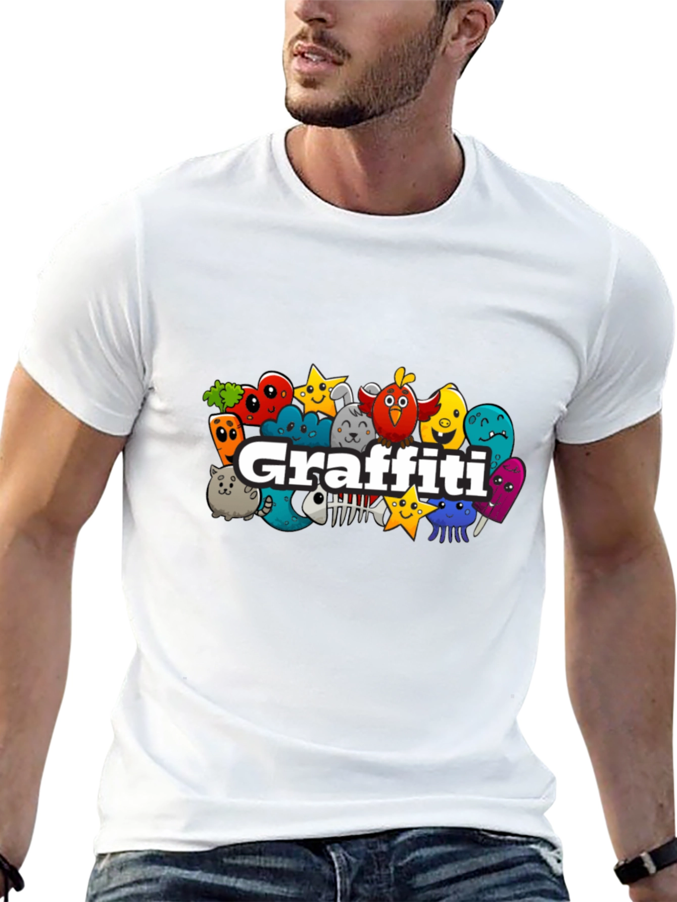 Black Graffiti Cartoon Character Black T-Shirt view 13