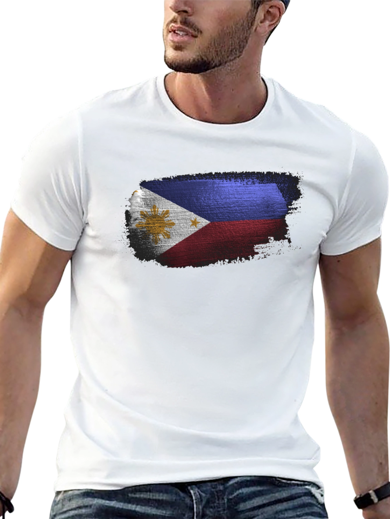 Black Men's Black T-Shirt with Filipino Flag Design view 13
